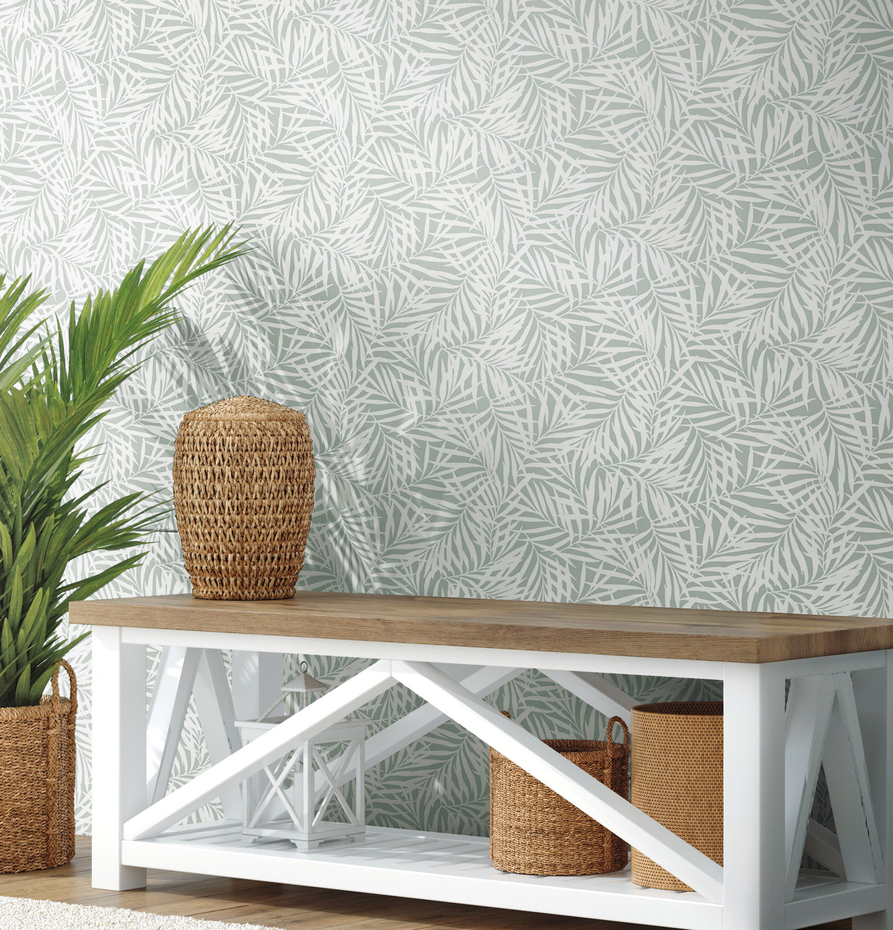 Oahu Fronds Light Green & White Wallpaper large image 
