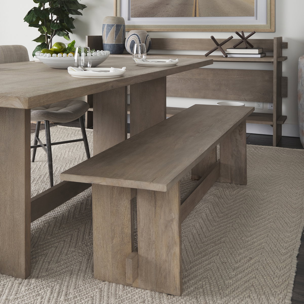 Aida 18H Light Gray Wood Dining Bench, Benche by Mercana, 66" length x 16" width x 18" height View 3
