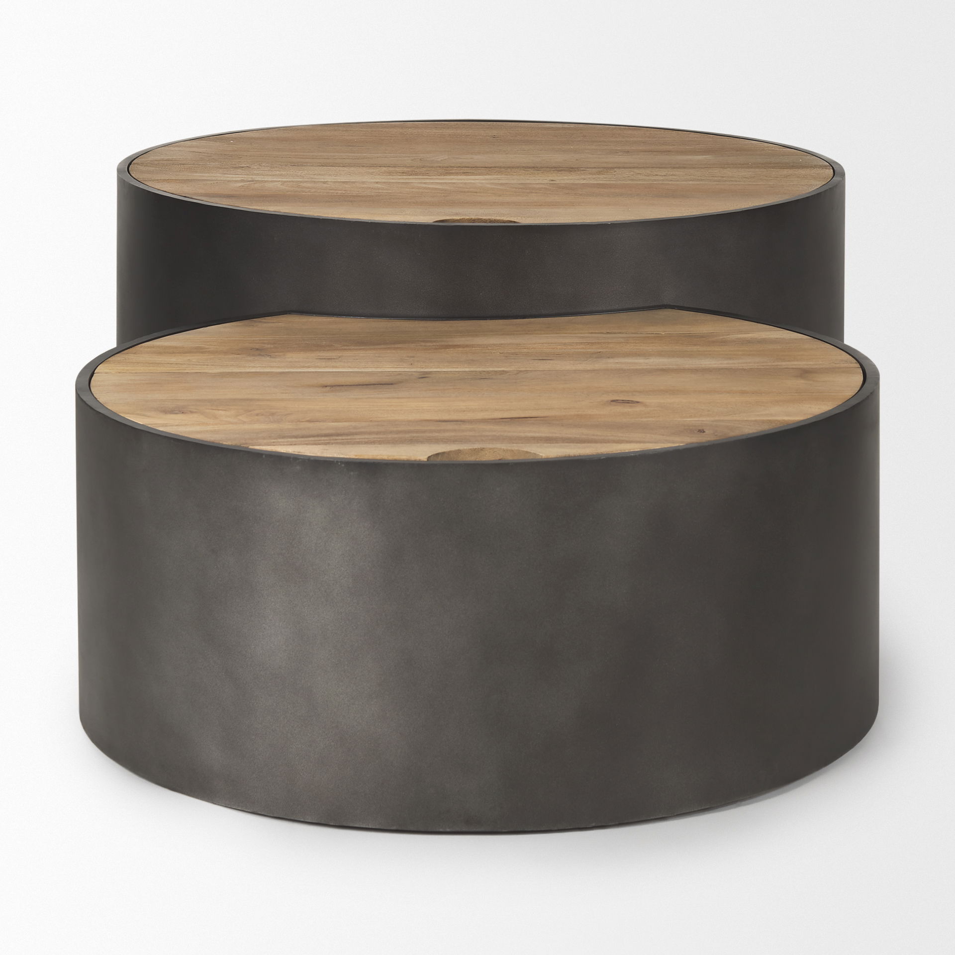 Eclipse Gunmetal Gray Drum Base with Brown Wood Top Nested Coffee Table, by Mercana, 36.22" length x 36.22" width x 17.32" height View 7