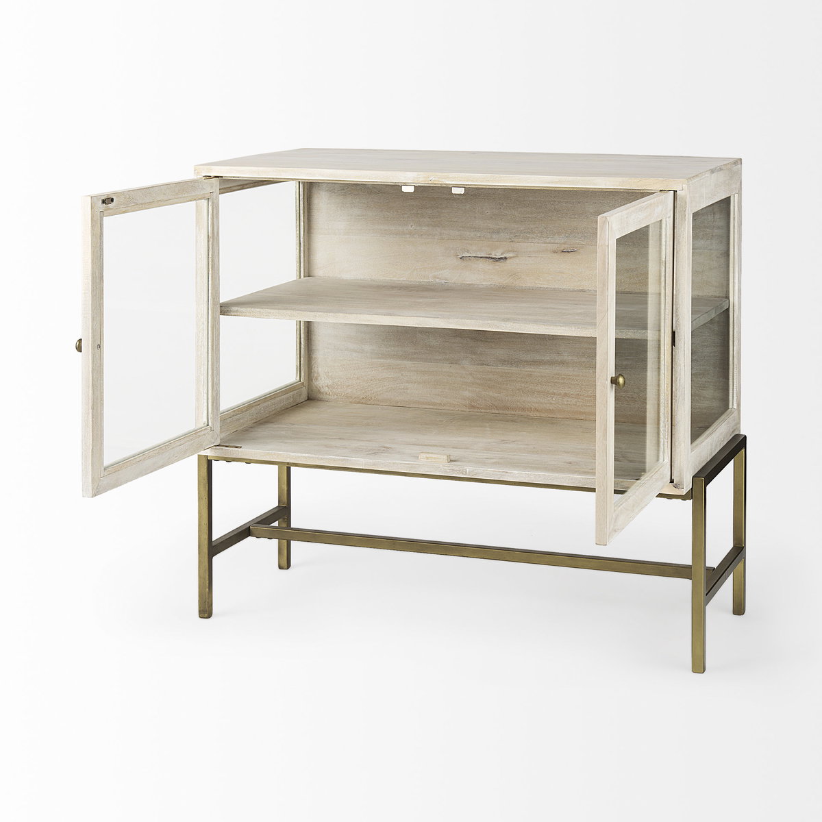 Arelius 36L x 18W x 32H White Wood, Gold Metal Base with 2 Glass Doors Accent Cabinet, Cabinets & Chest by Mercana, 36" length x 18.75" width x 32" height View 7