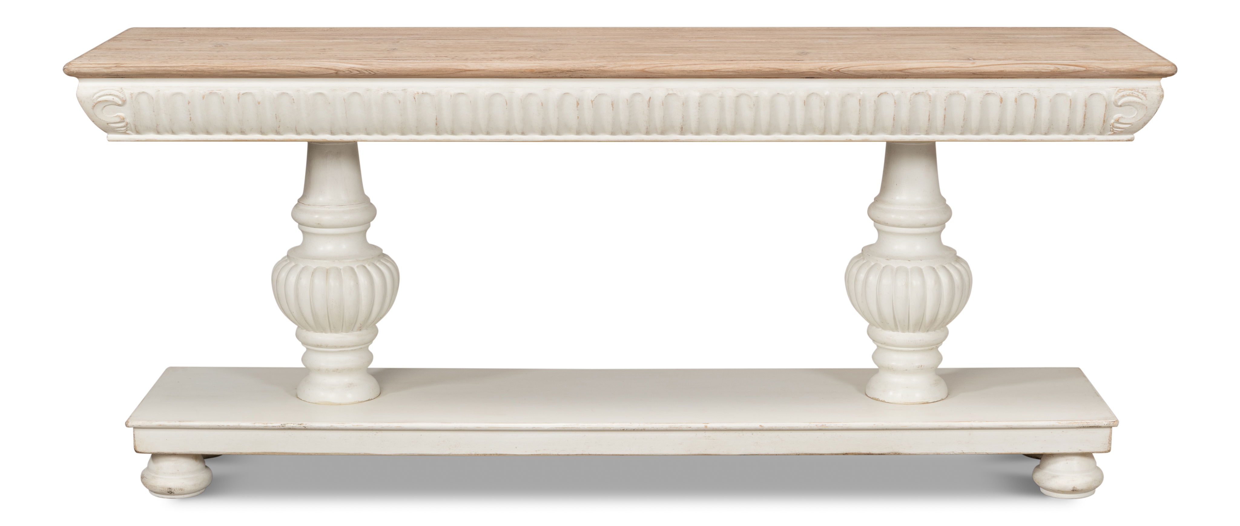 Hugo Console, Ant.White W/Natural Top, Console Table by Sarreid, 74" length x 20" width x 31" height View 2