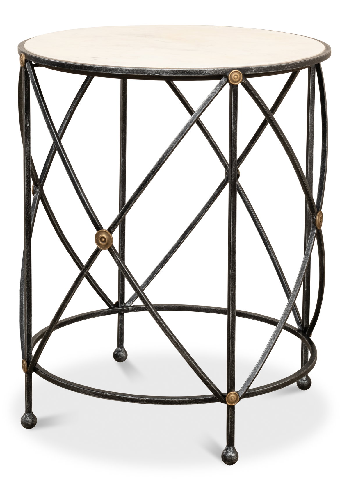 Drum & Fife Lamp Table  Aged Wht Marble, by Sarreid, 2' length x 2' width x 2'5" height View 1