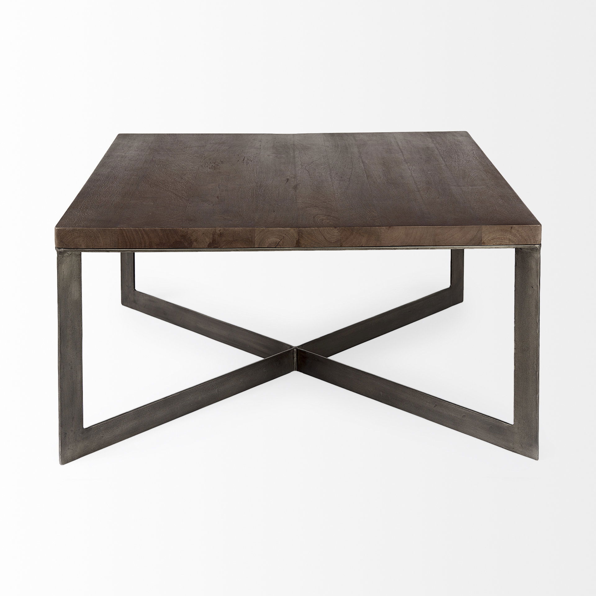 Faye 34L x 34W x 17H Medium Brown Wood with Antique Nickel Metal Base Square Coffee Table large image 