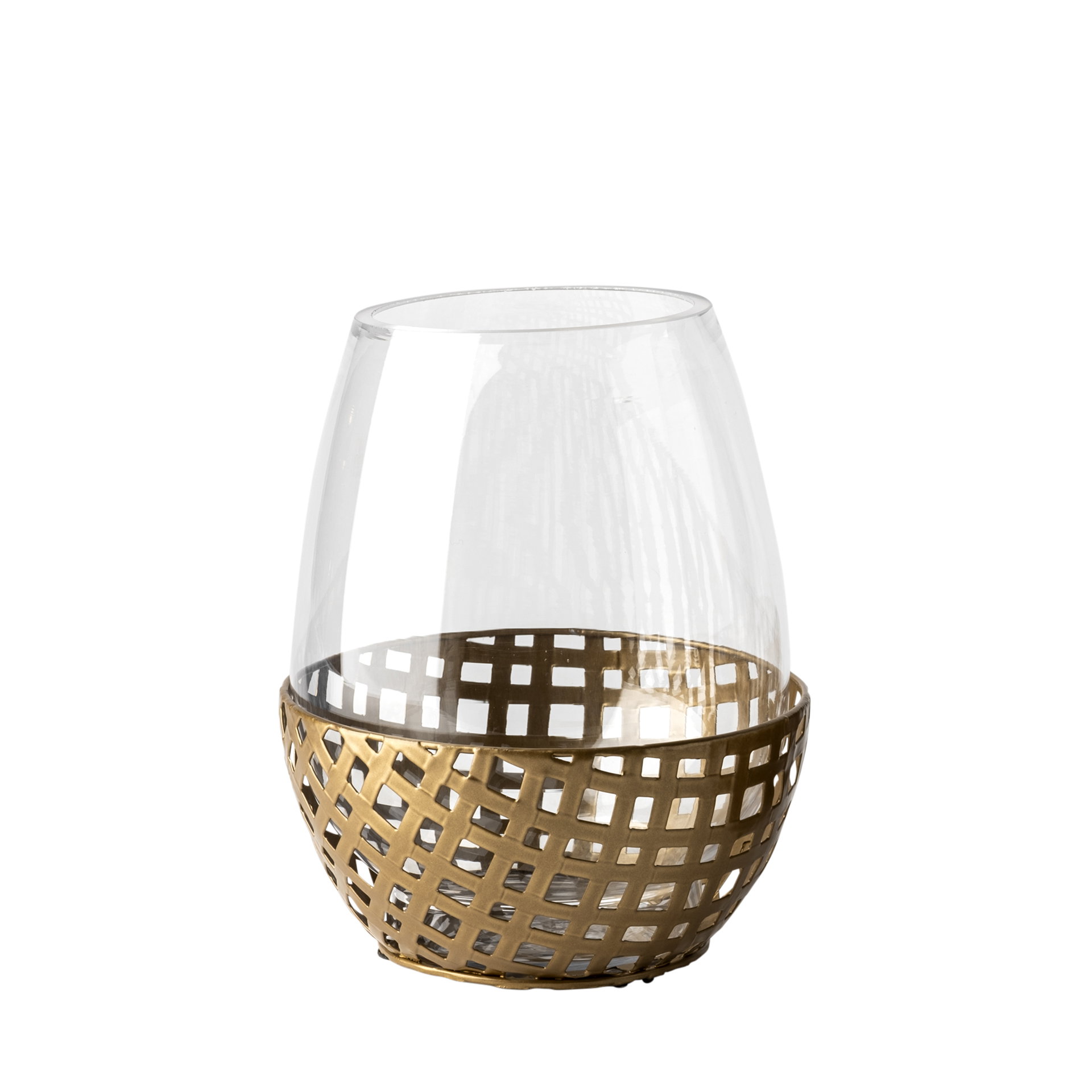 Reena I Small Gold Woven Metal Base Table Candle Holder, Candles & Candle Holder by Mercana, 6.3" length x 6.3" width x 7.87" height View 1