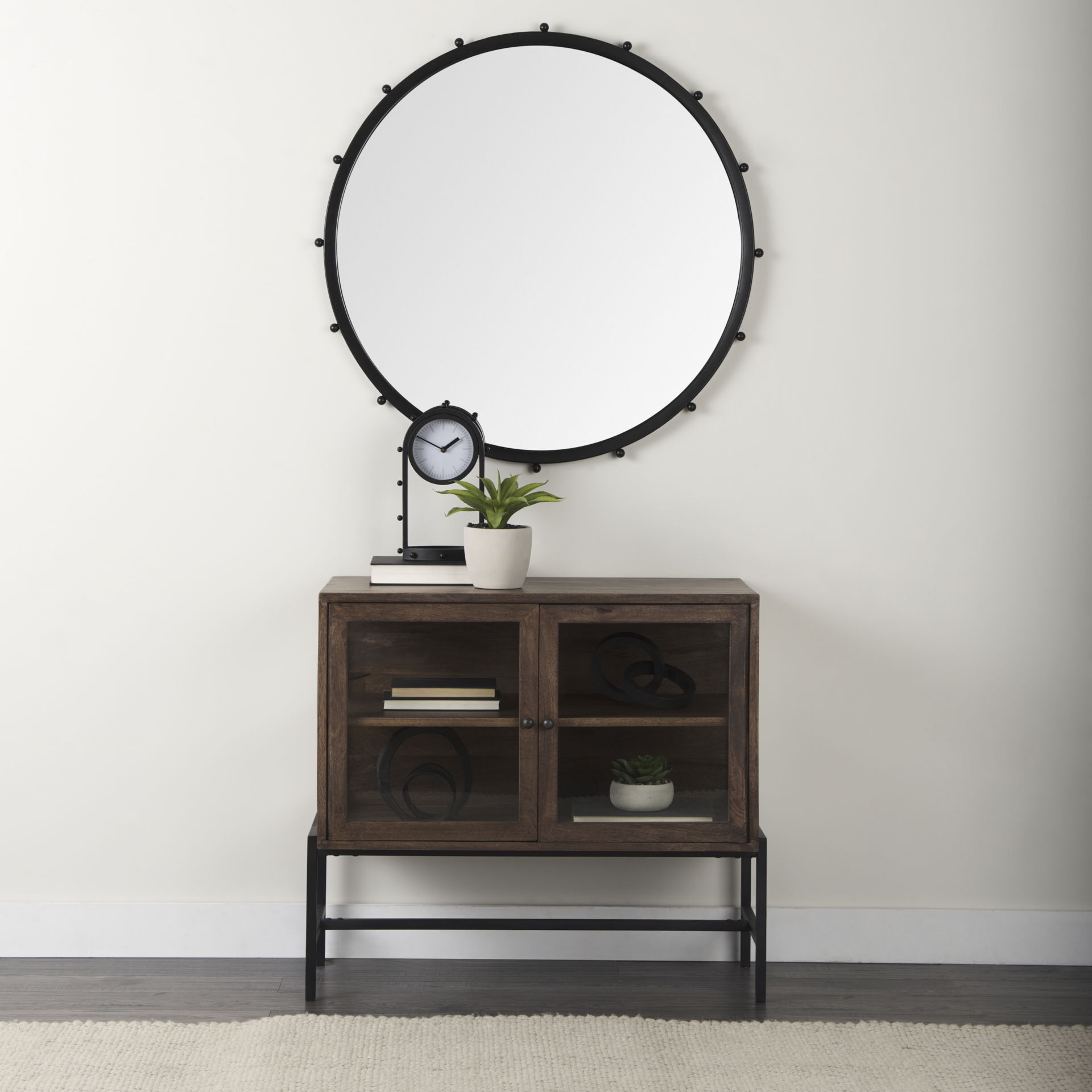 Arelius 36L x 18W x 32H Medium Brown Wood, Black Metal Base with 2 Glass Doors Accent Cabinet large image 