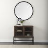 Arelius 36L x 18W x 32H Medium Brown Wood, Black Metal Base with 2 Glass Doors Accent Cabinet thumbnail 1