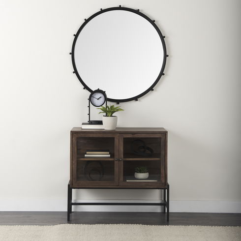 Arelius 36L x 18W x 32H Medium Brown Wood, Black Metal Base with 2 Glass Doors Accent Cabinet