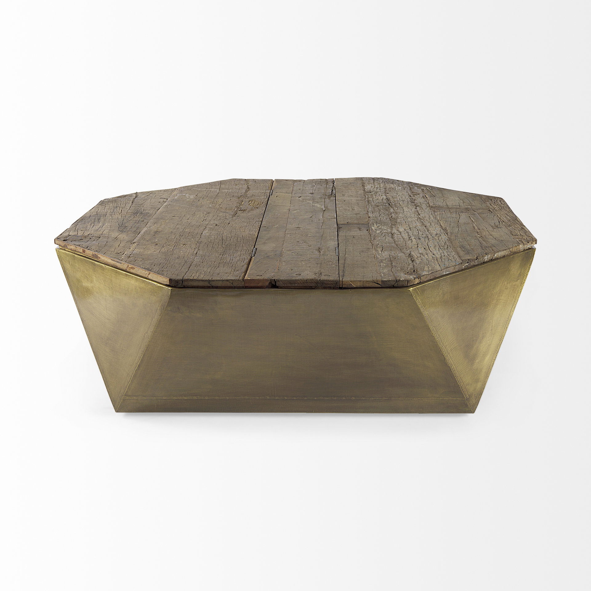 Esagono Octagonal Gold Metal-Clad Reclaimed Wood Coffee Table with Storage, by Mercana, 48" length x 48" width x 15" height View 5