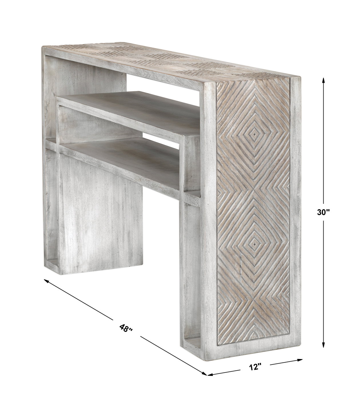 Genara Bone White Carved Console Table, Furniture by Uttermost, 48" width x 30" height x 12" depth View 3