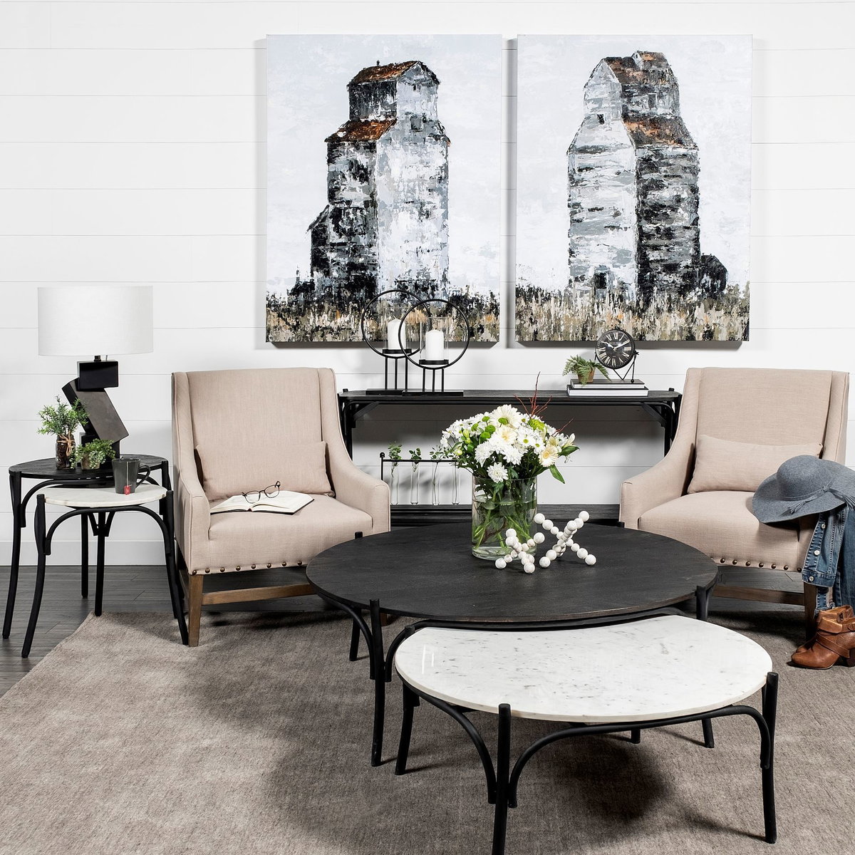 Etienne VII 24' Set of Two Round Top Black Wood and Marble Top Nesting Table, Side & End Table by Mercana, 23" length x 23" width x 24.25" height View 2