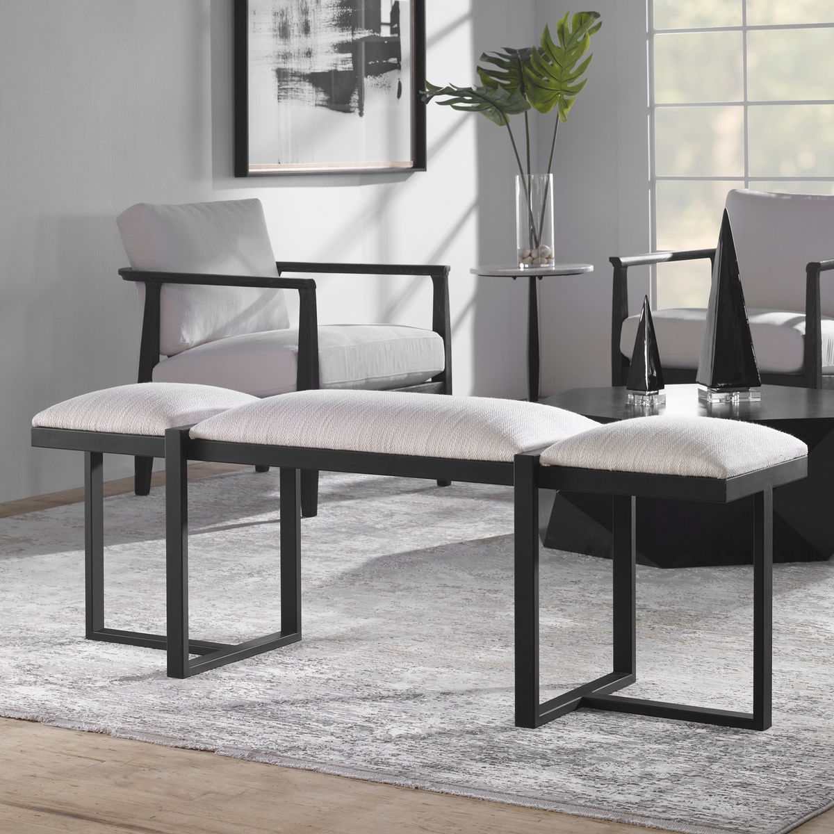 Triple Cloud Modern Upholstered Bench, Benche by Uttermost, 60.75" width x 22" height x 16" depth View 2