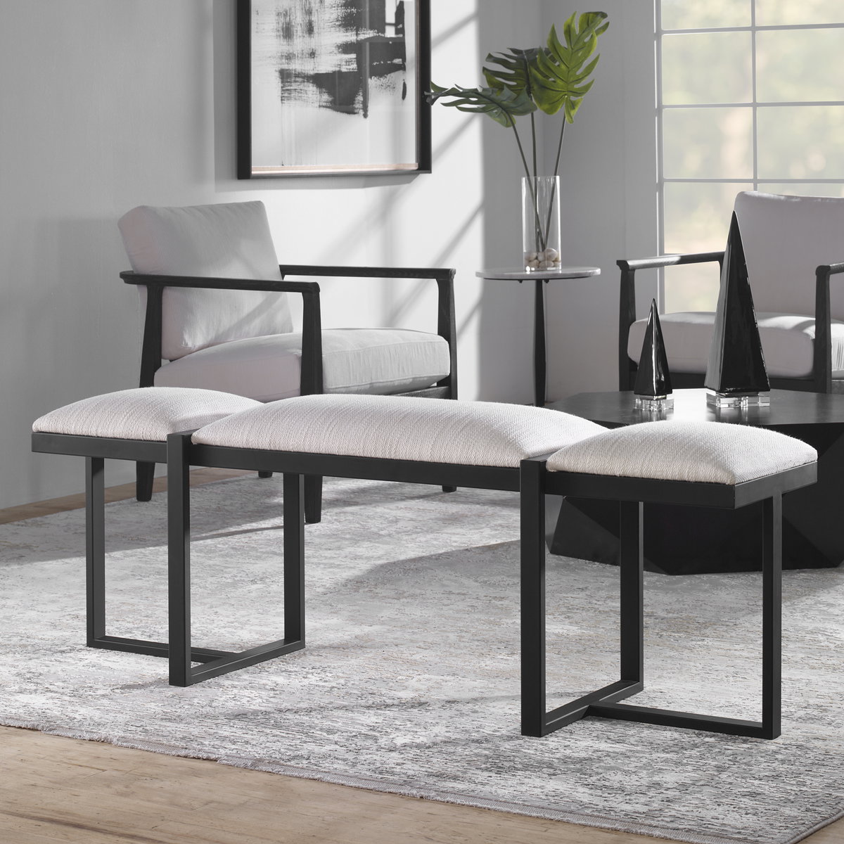 Triple Cloud Modern Upholstered Bench, Benche by Uttermost, 60.75" width x 22" height x 16" depth View 2