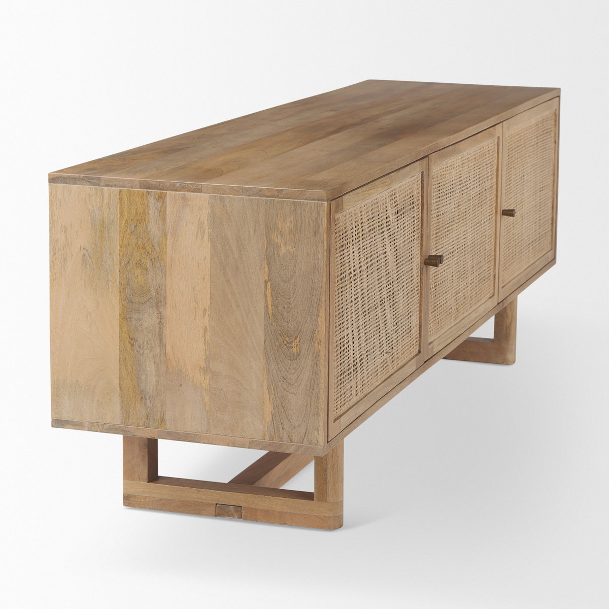 Grier 65' Light Brown Wood with Cane Media Console, by Mercana, 65" length x 18.75" width x 23" height View 6