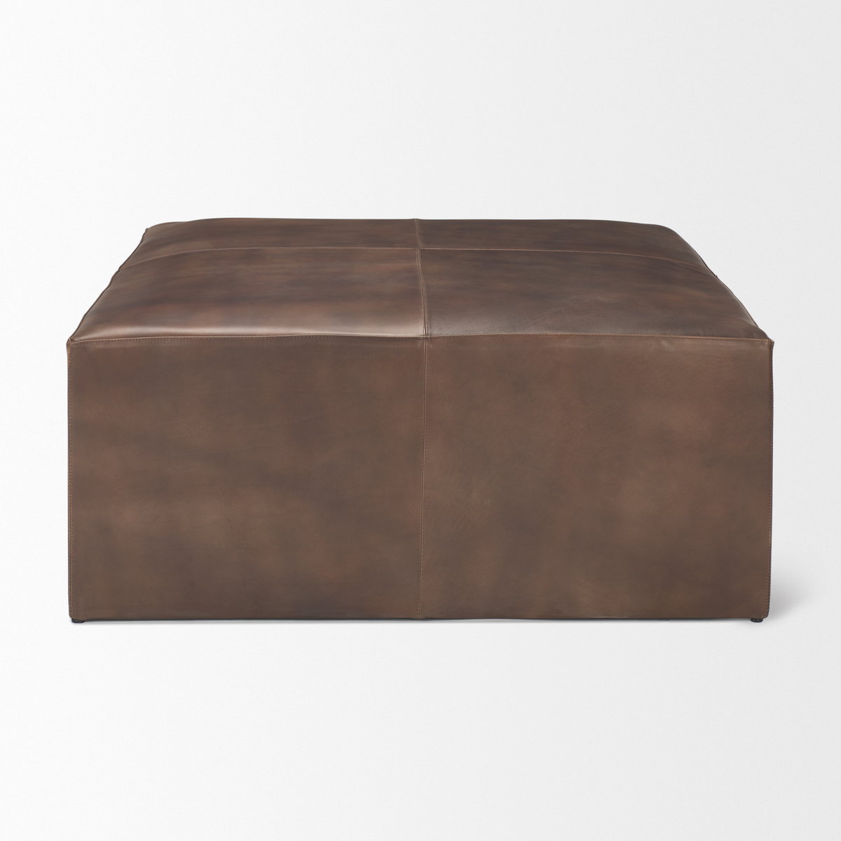 Minara 36' Square Brown Leather Wrapped with Wood Base Ottoman, by Mercana, 36" length x 36" width x 16" height View 4