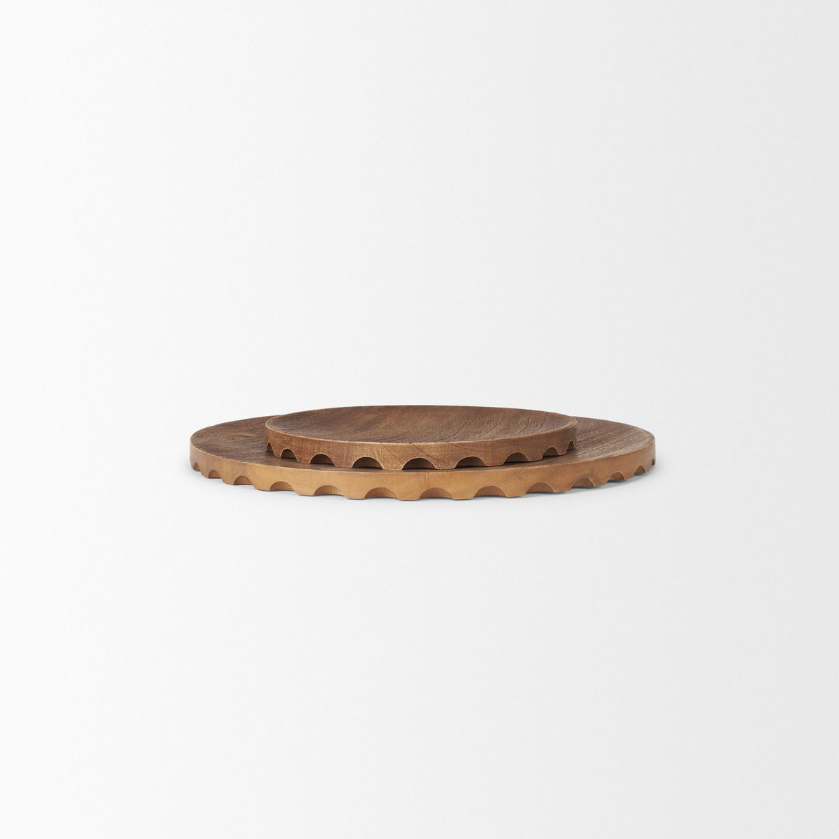 Waverly Round Light Brown Wood Scalloped Edged Trays, Decorative Tray by Mercana, 17.5" length x 17.5" width x 1" height View 5