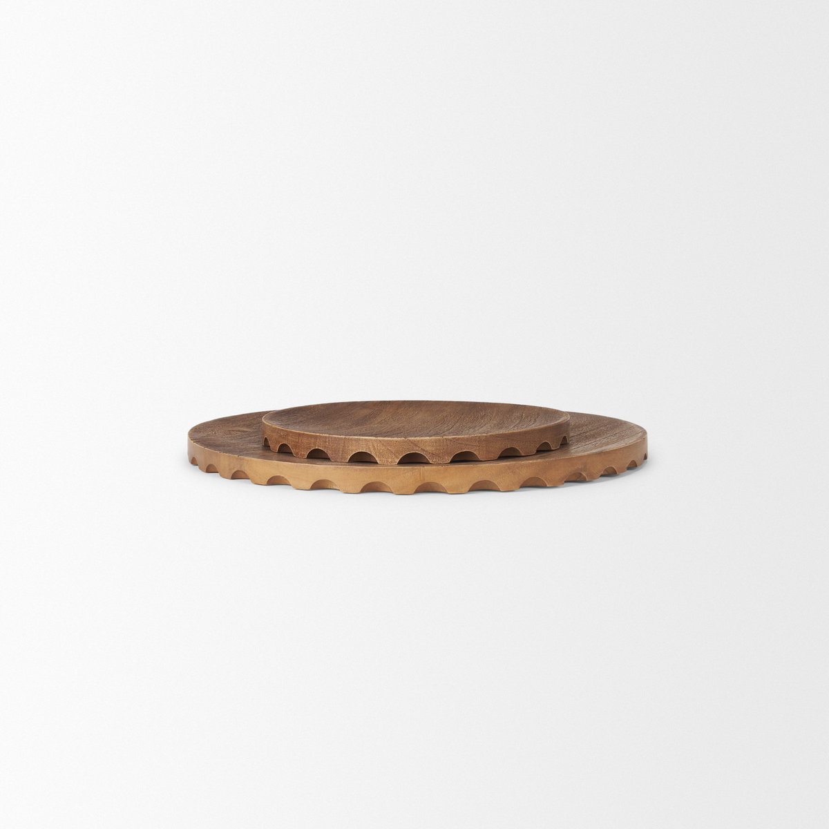 Waverly Round Light Brown Wood Scalloped Edged Trays, Decorative Tray by Mercana, 17.5" length x 17.5" width x 1" height View 5
