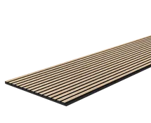 Online Designer Living Room Natural Oak on Black MDF, Black Felt Acoustic Wood Slat Panels