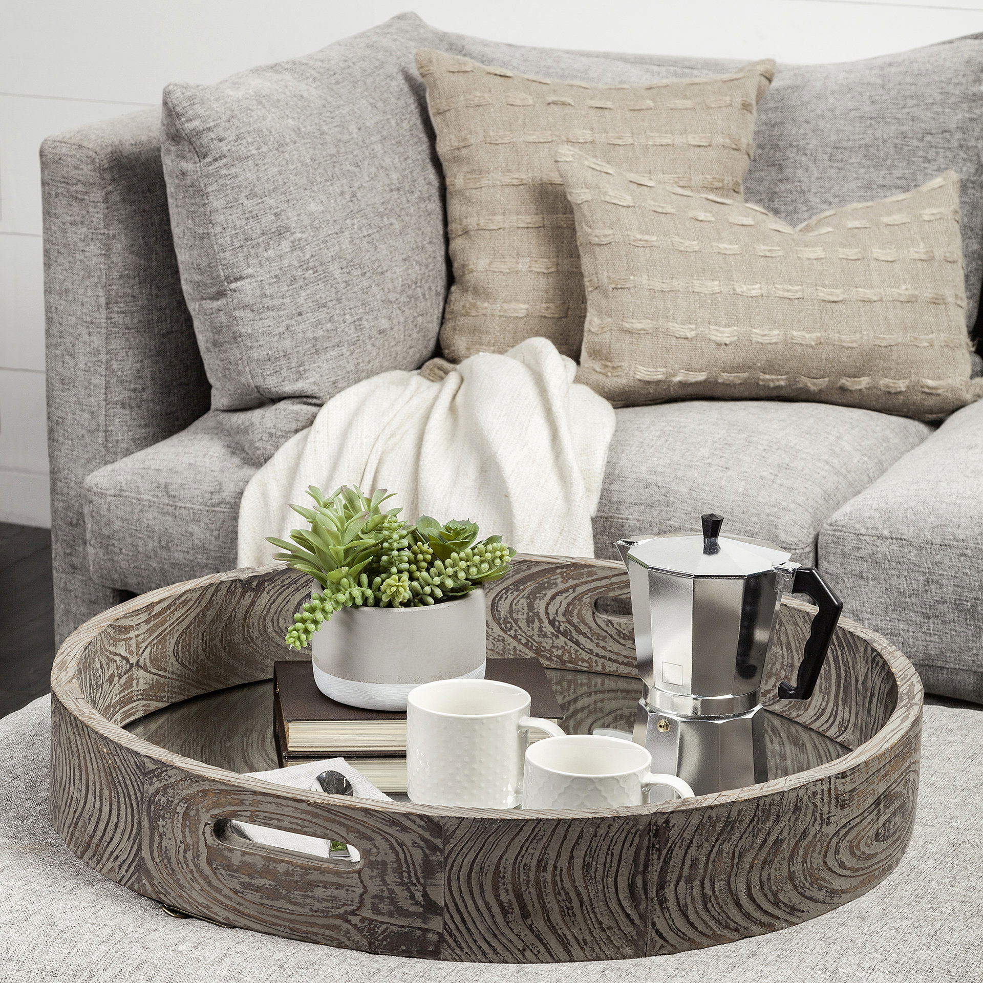 Whittier (Large) 28L x 28W Brown Wooden Mirrored Base Tray, Decorative Tray by Mercana, 27.95" length x 5.02" width x 27.95" height View 2