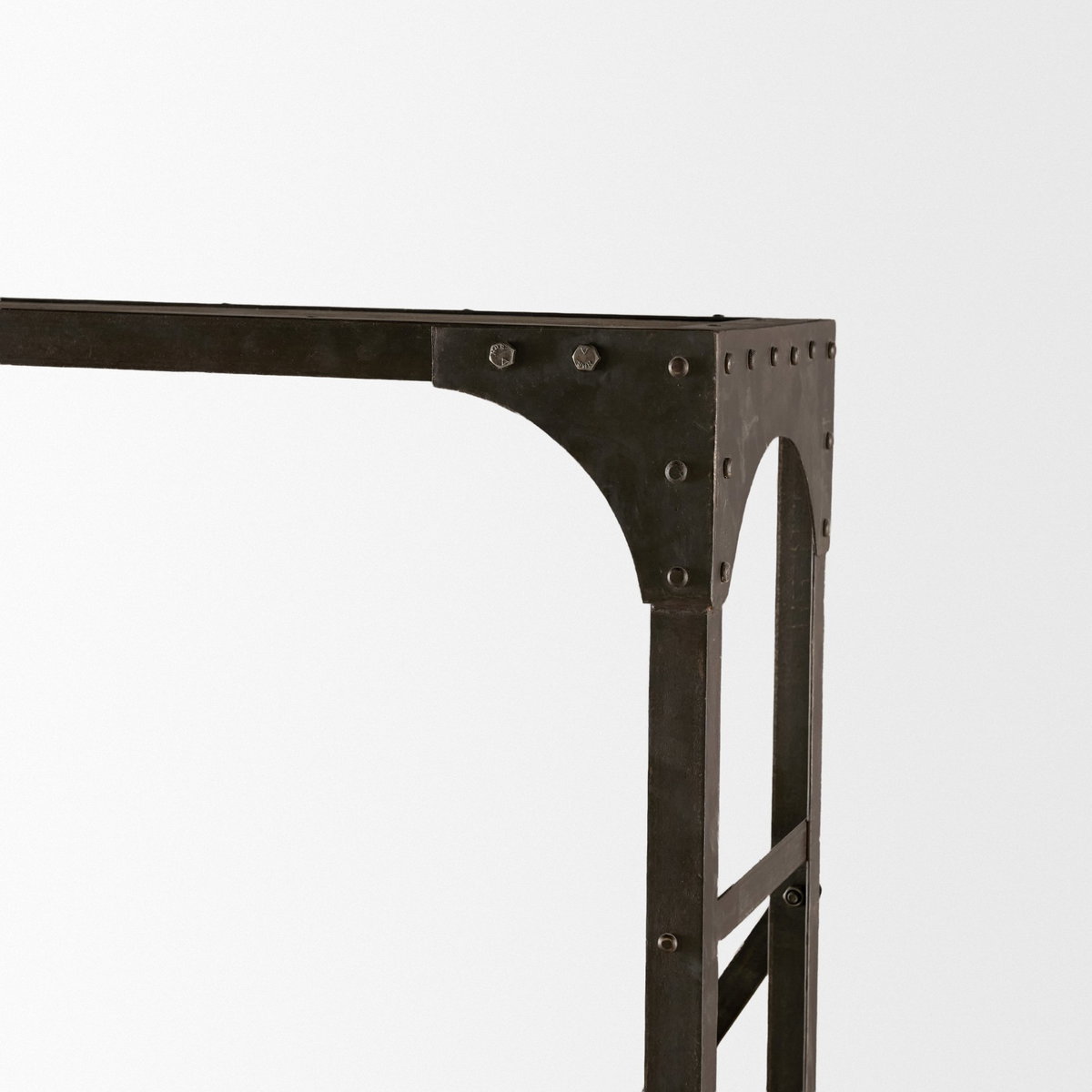 Brodie VII 32L x 22W x 94H Brown Wood Gun-Metal Bracing Four Shelf Shelving Unit, Shelving & Bookcase by Mercana, 31.5" length x 21.5" width x 94" height View 11