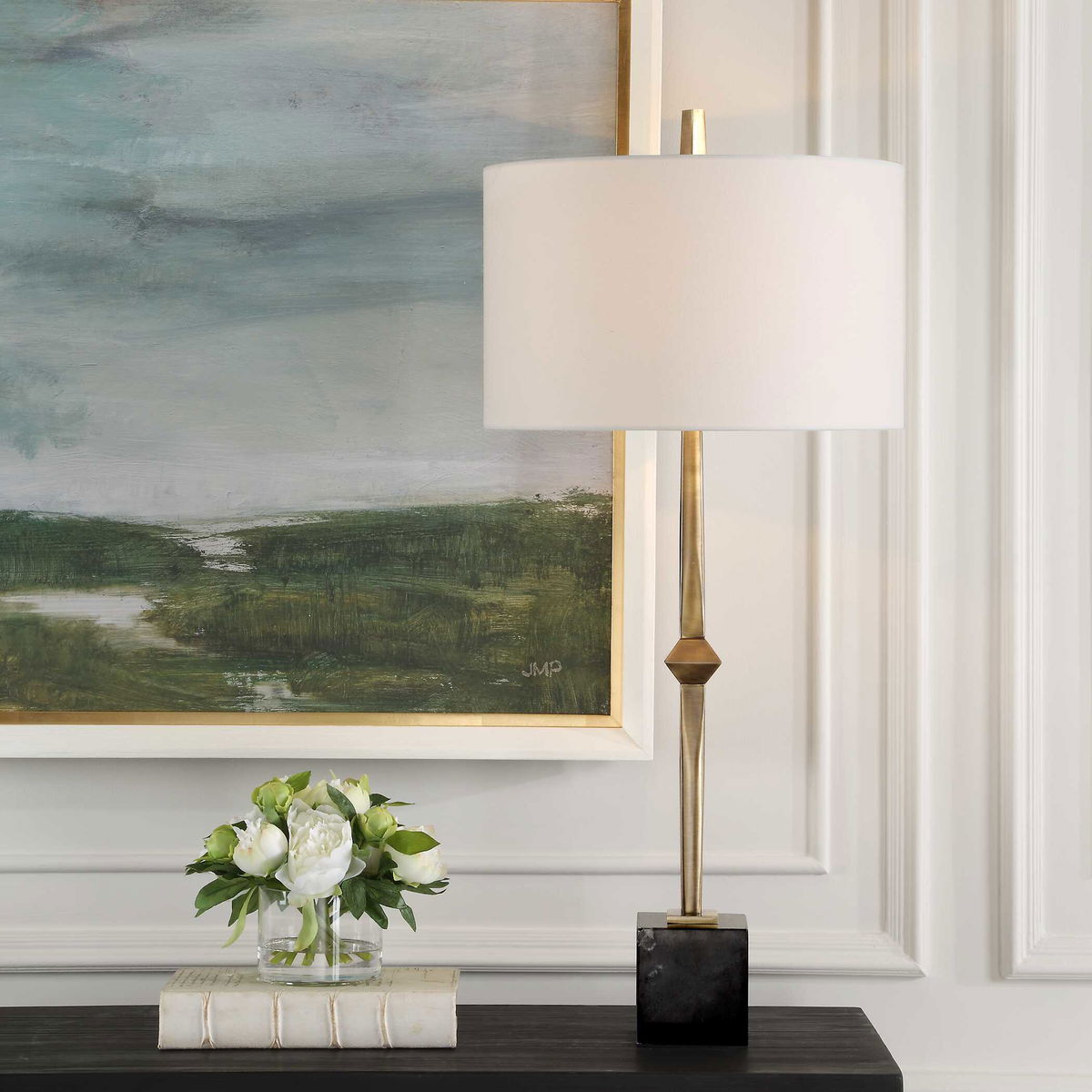Suranne Antique Brass Table Lamp, by Uttermost, 16" width x 35.25" height x 16" depth View 2