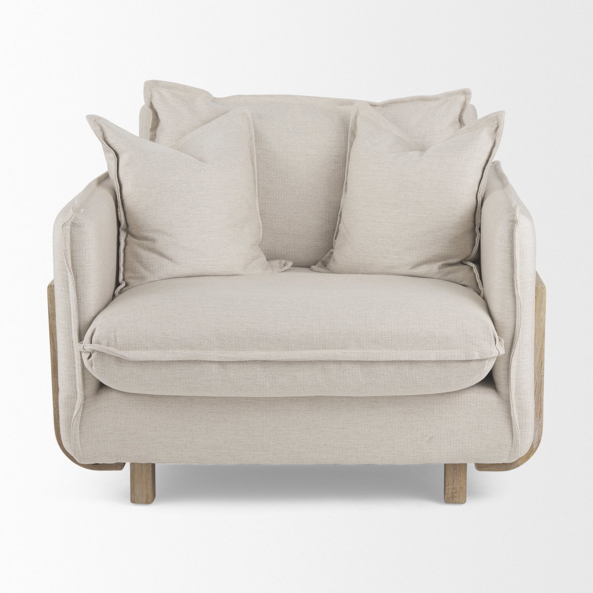 Roy II Beige Upholstered and Brown Wood Frame Arm Chair, Accent Chair by Mercana, 43.31" length x 41.73" width x 33.07" height View 6