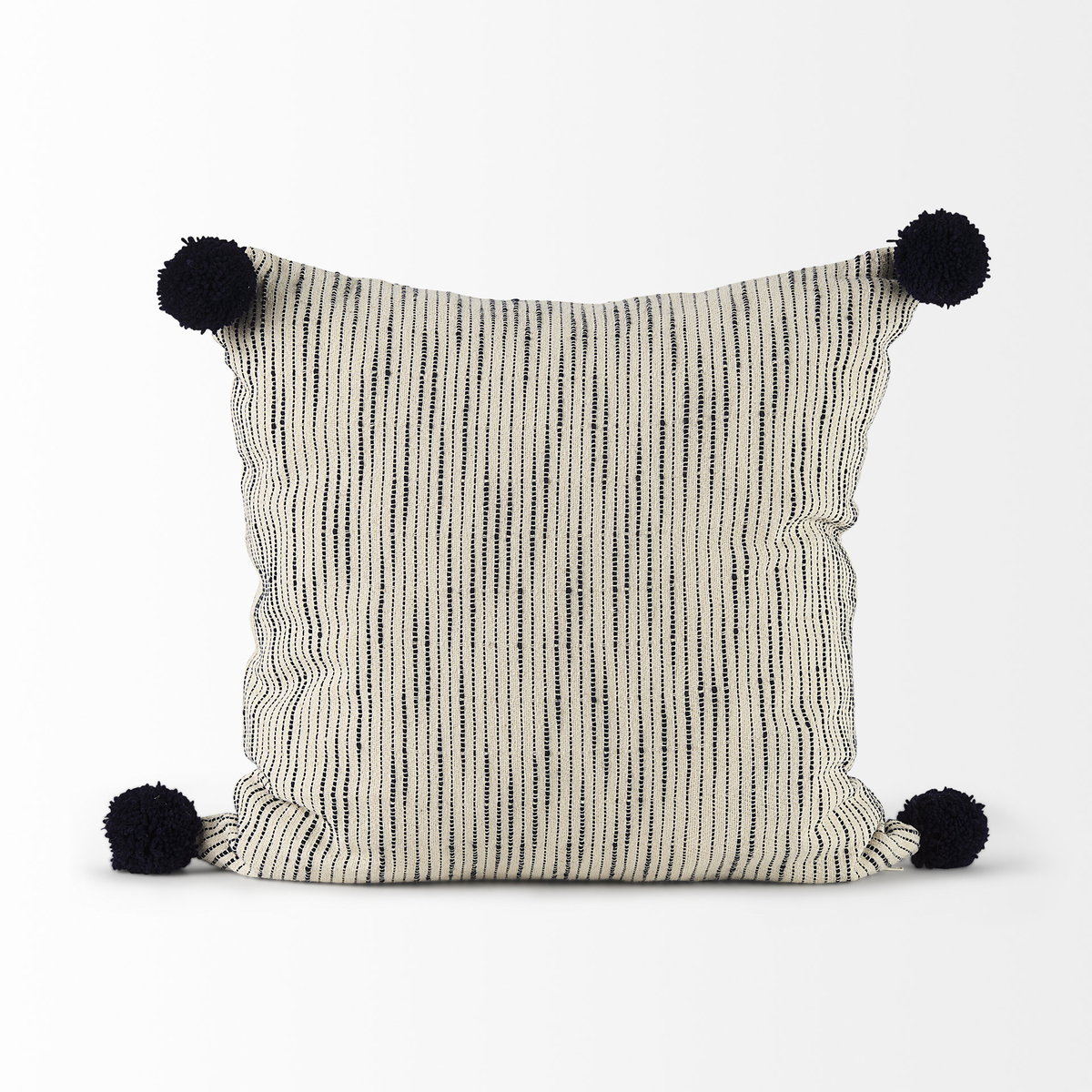 Krystal 20x20 Cream/Blue Pom Pom Pillow Cover, Decorative Pillow by Mercana, 18" length x 18" width x 0.2" height View 2
