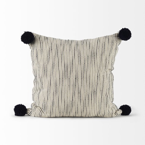Krystal 20x20 Cream/Blue Pom Pom Pillow Cover
