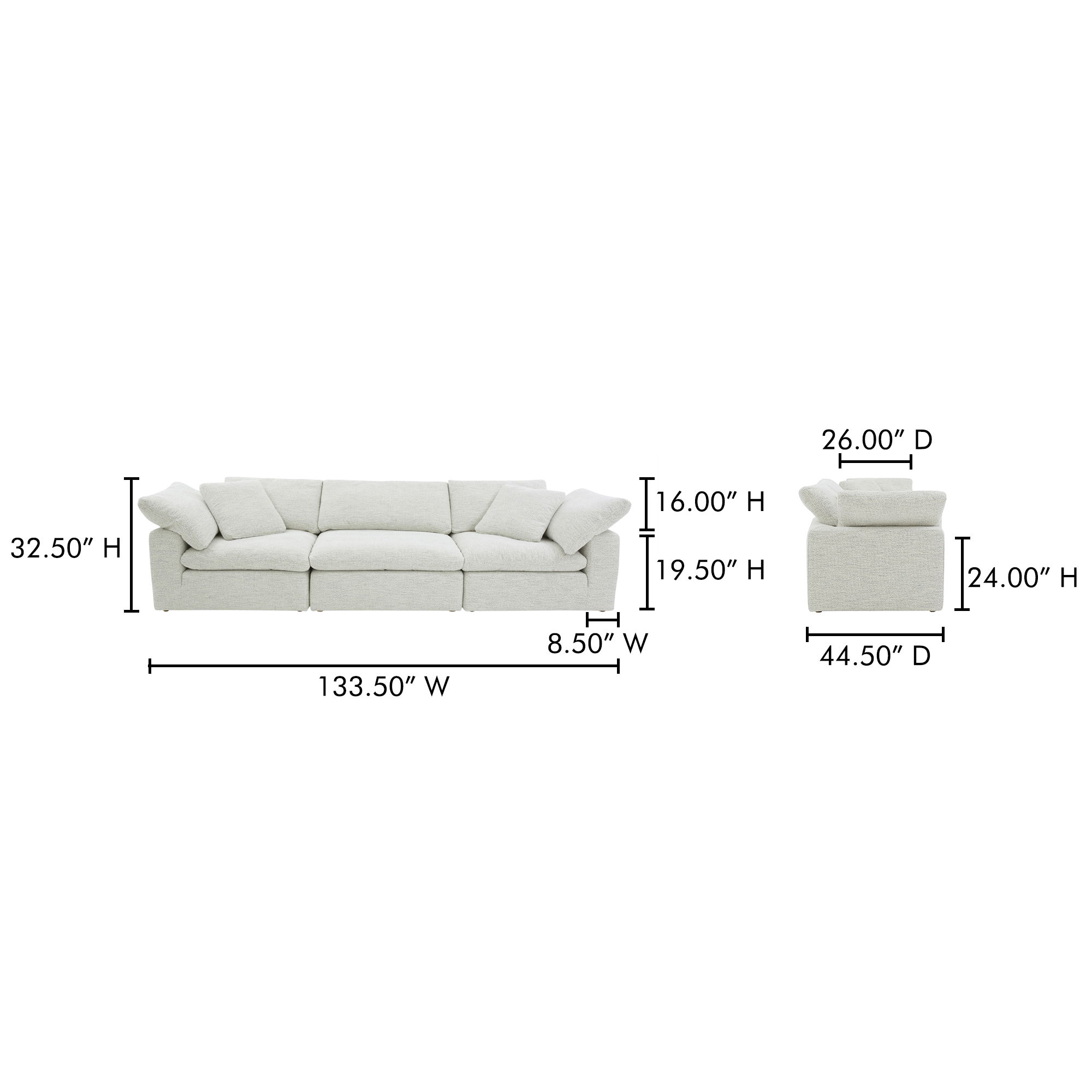 Clay Modular Sofa Coastside Sand, Sectional Sofa by Moe's Home, 133.5" width x 32.5" height x 44.5" depth View 9
