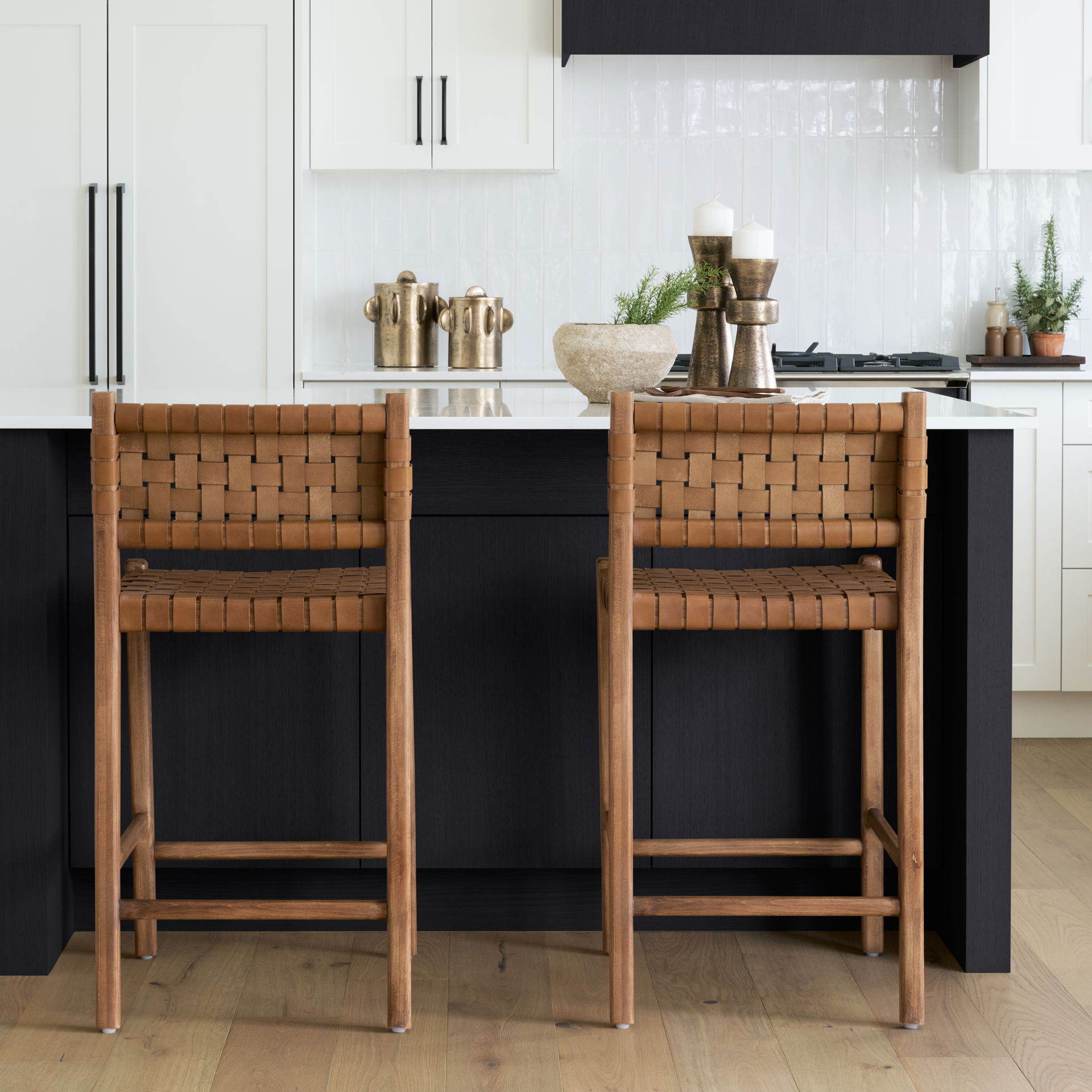 Shane Brown Wood with Woven Brown Leather Counter Stool, Counter & Bar Stool by Mercana, 19" length x 21" width x 38" height View 2