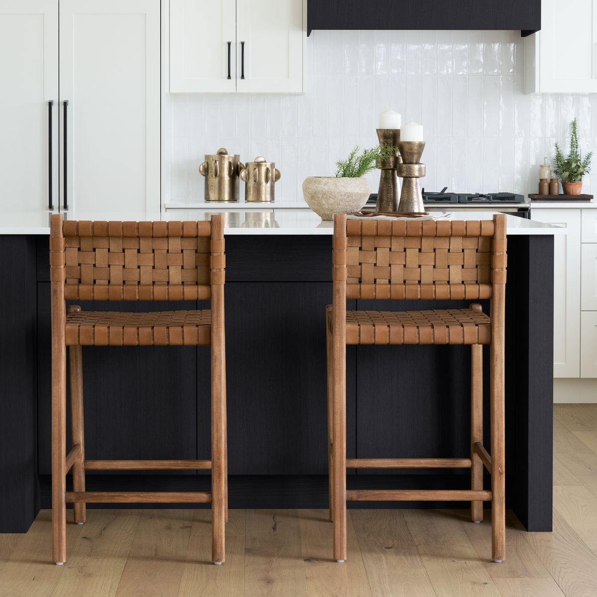 Shane Brown Wood with Woven Brown Leather Counter Stool, Counter & Bar Stool by Mercana, 19" length x 21" width x 38" height View 2