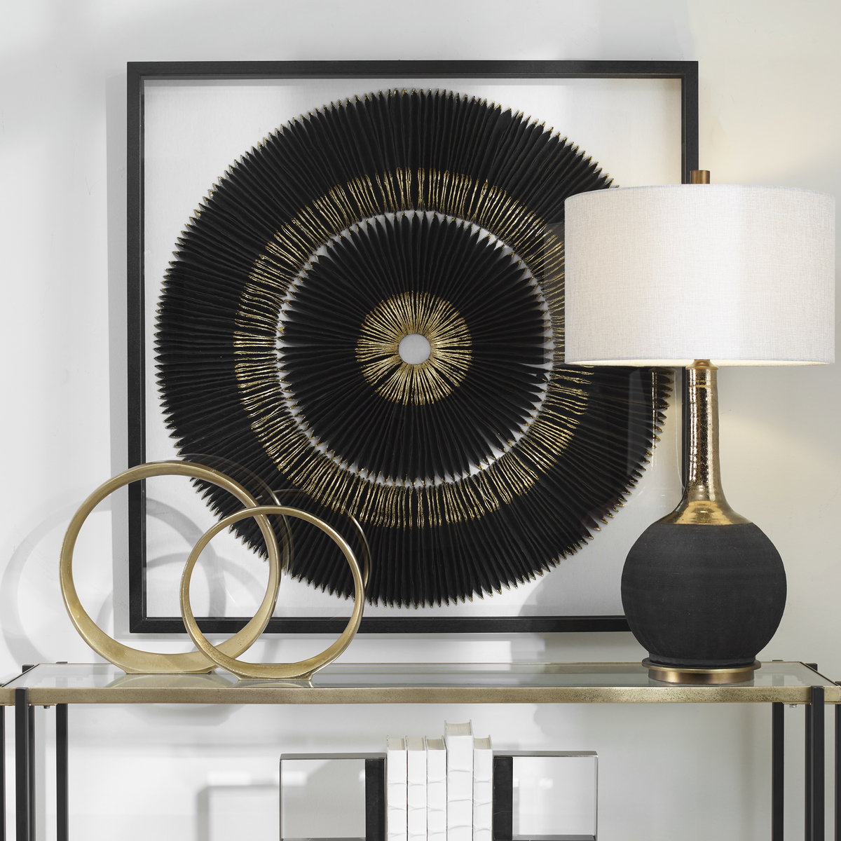 Sandara Black And Gold Shadow Box, Art by Uttermost, 39.37" width x 39.37" height x 2.5" depth View 2