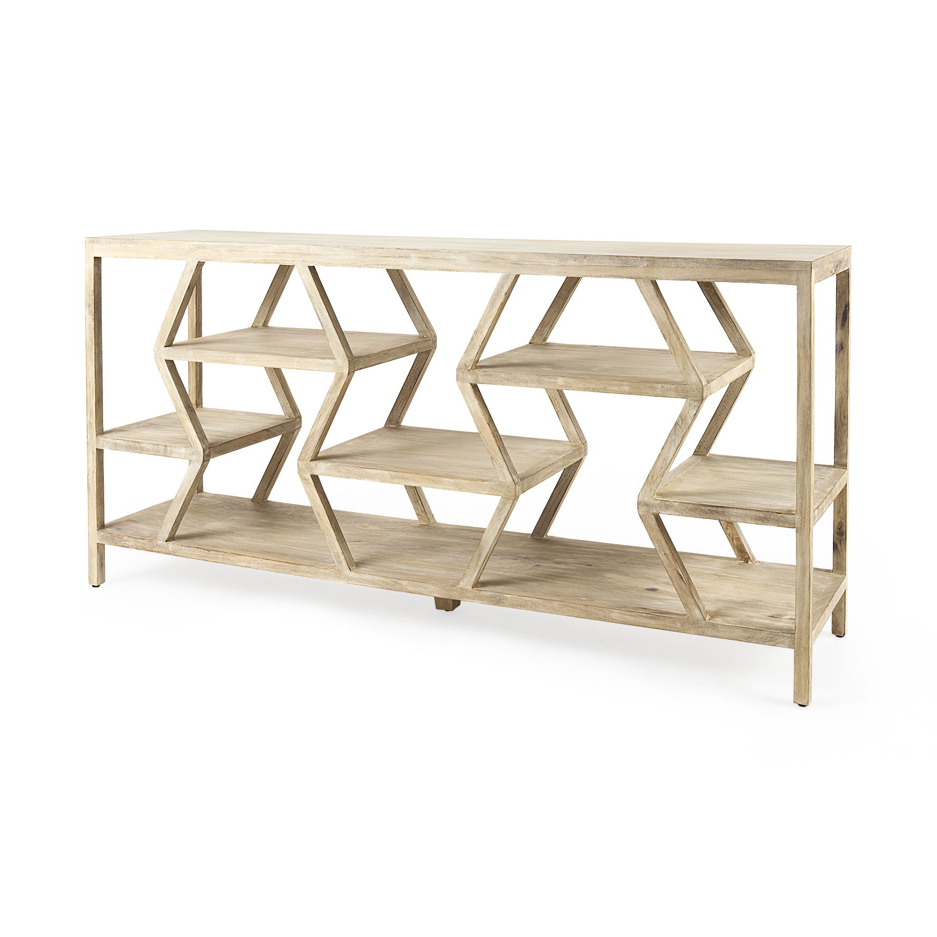 Dayton II 66L x 16W Natural Wooden Multi-Level Shelf Console Table, by Mercana, 66" length x 16" width x 32" height View 1