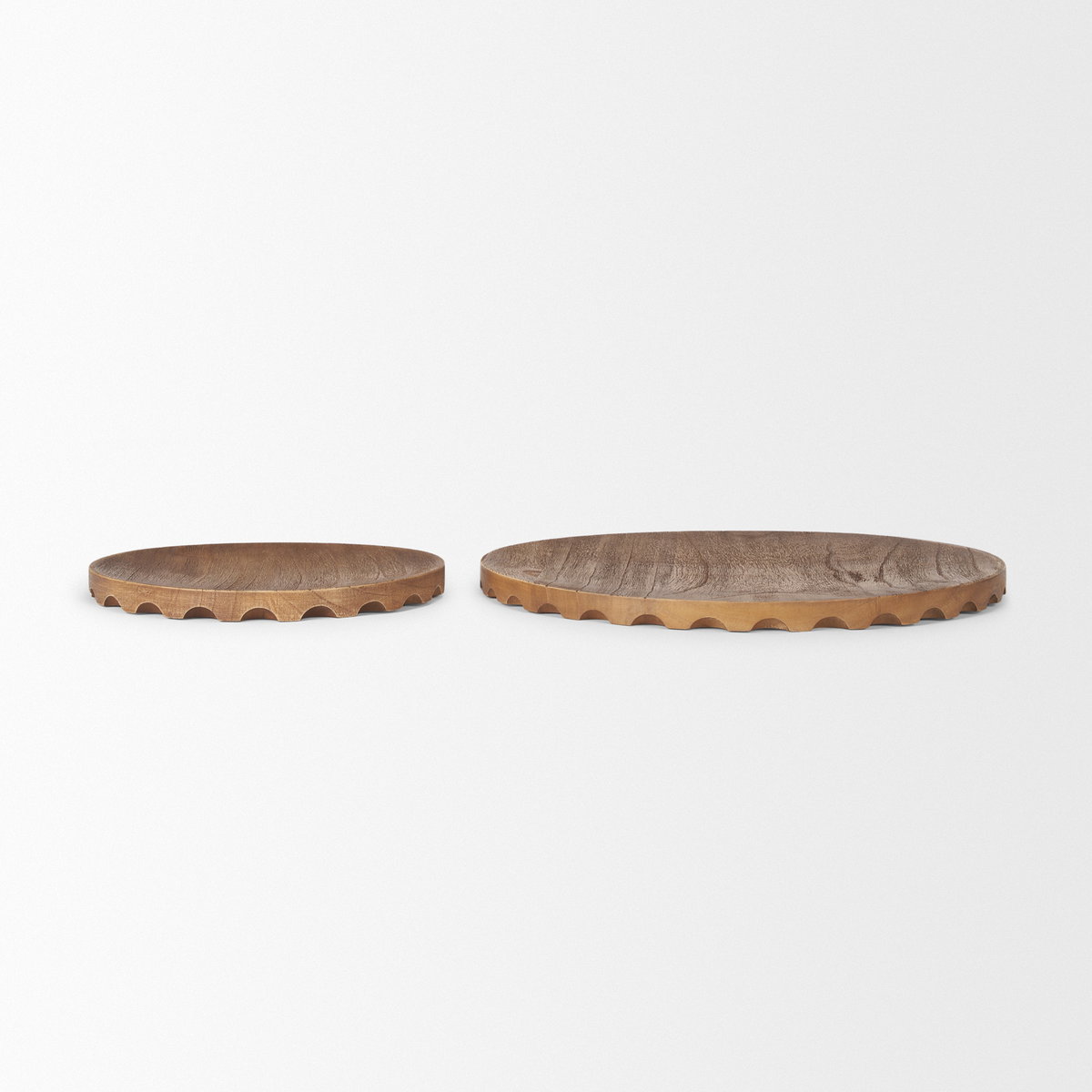 Waverly Round Light Brown Wood Scalloped Edged Trays, Decorative Tray by Mercana, 17.5" length x 17.5" width x 1" height View 3