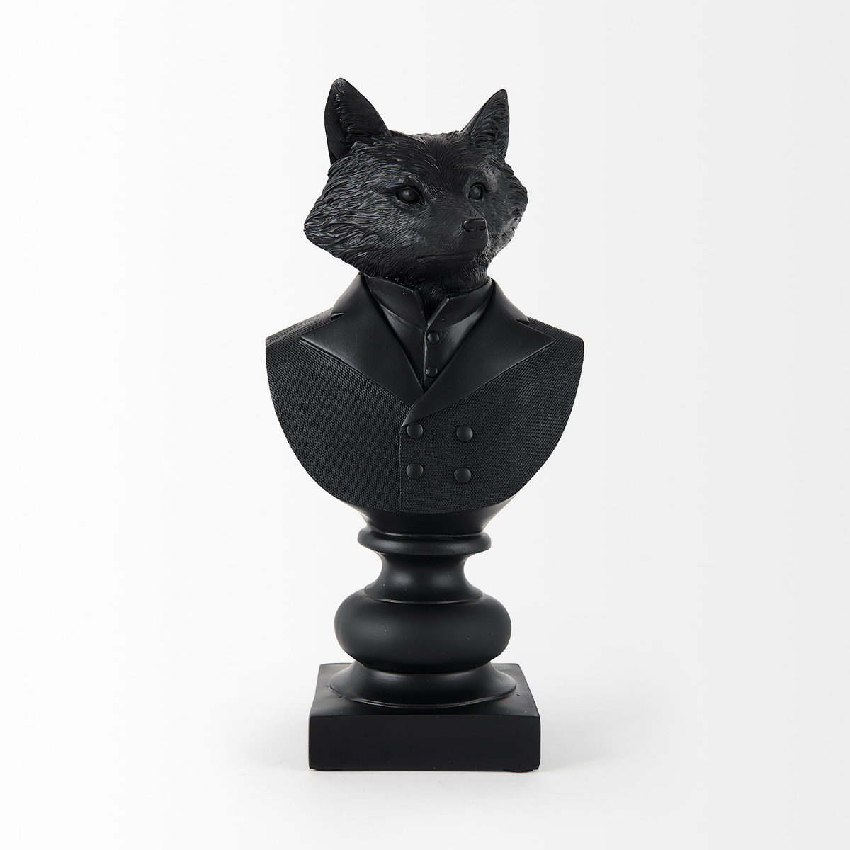 Murray 13H Black Painted Resin Fox in a Suit Bust, Decorative Object by Mercana, 6" length x 4.5" width x 13" height View 3