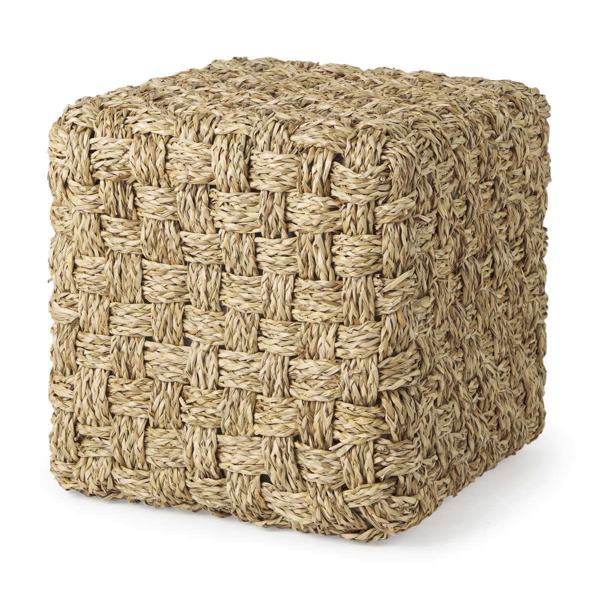 Adele   Medium Brown Seagrass Woven Square Pouf, Ottoman by Mercana, 17.72" length x 17.72" width x 17.72" height View 1
