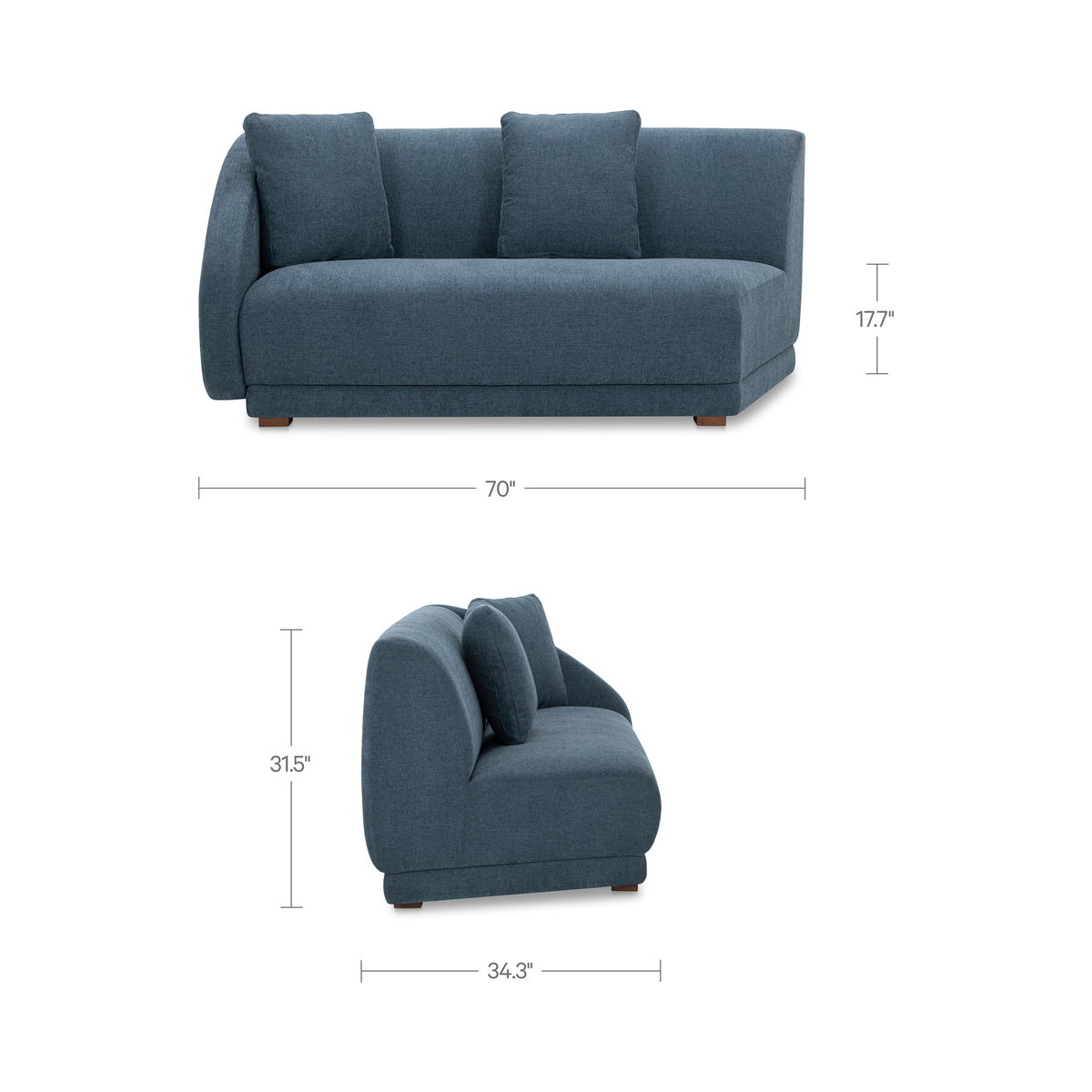 Fraser Left Arm Facing Sofa Deep Blue, Sectional Sofa by Moe's Home, 70" width x 31.5" height x 34.3" depth View 9
