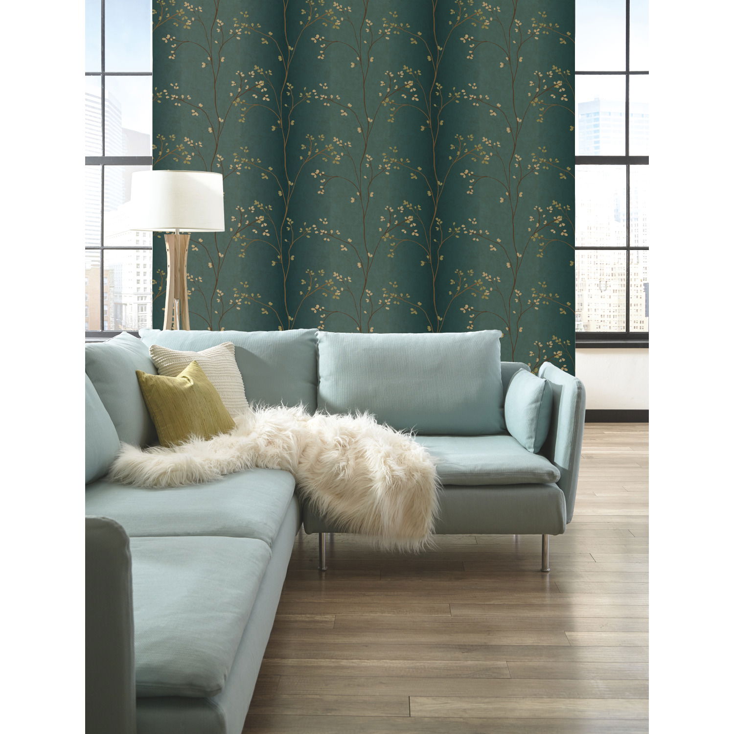 Vertical Blossoms Teal Metallic Wallpaper, by York Wall, 33' length x 1'8.5" width x 0.02" depth View 4
