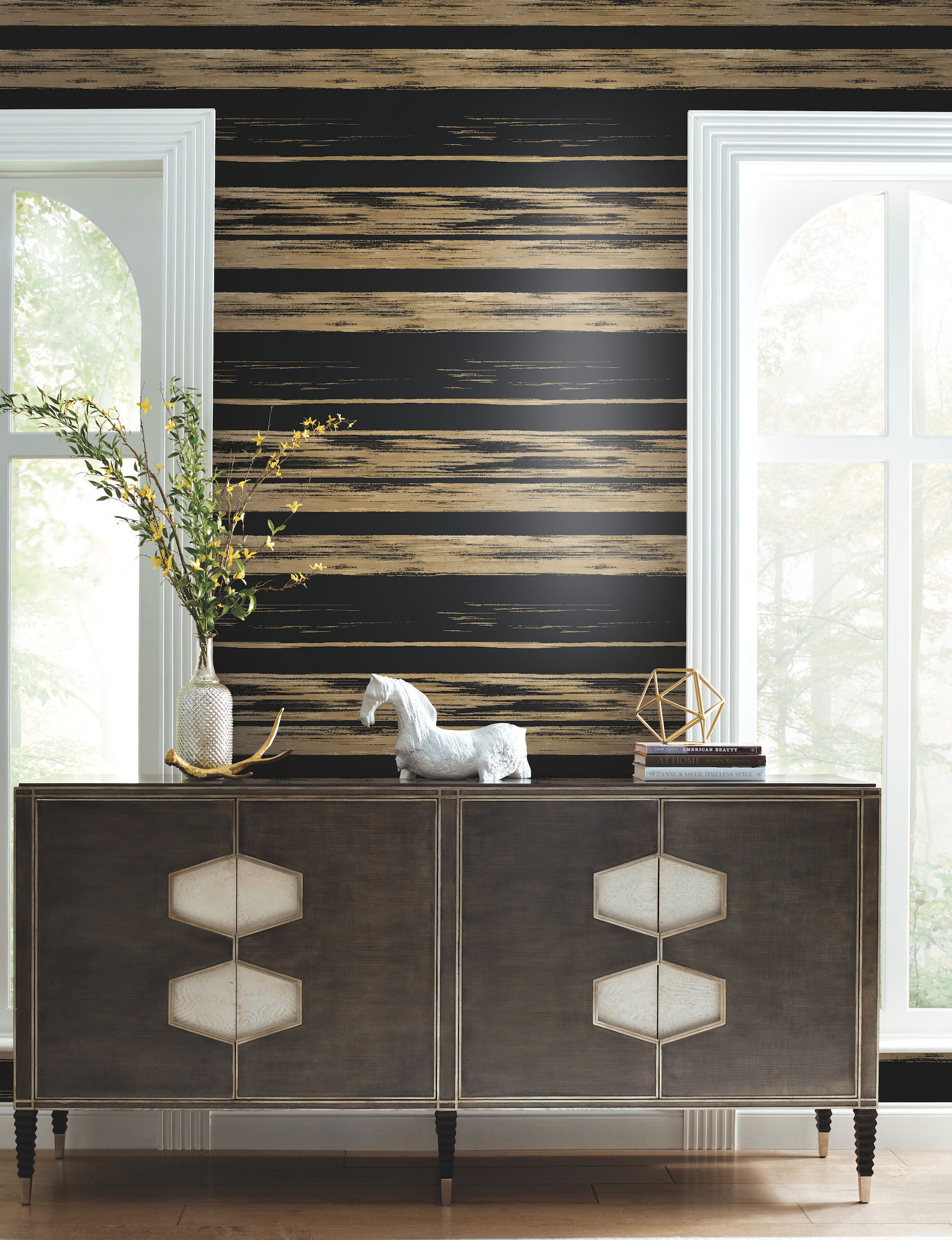 Horizontal Dry Brush Black & Gold Wallpaper, by York Wall, 27' length x 2'3" width x 0.02" depth View 2