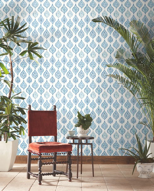 Marketplace Motif White & Blue Wallpaper