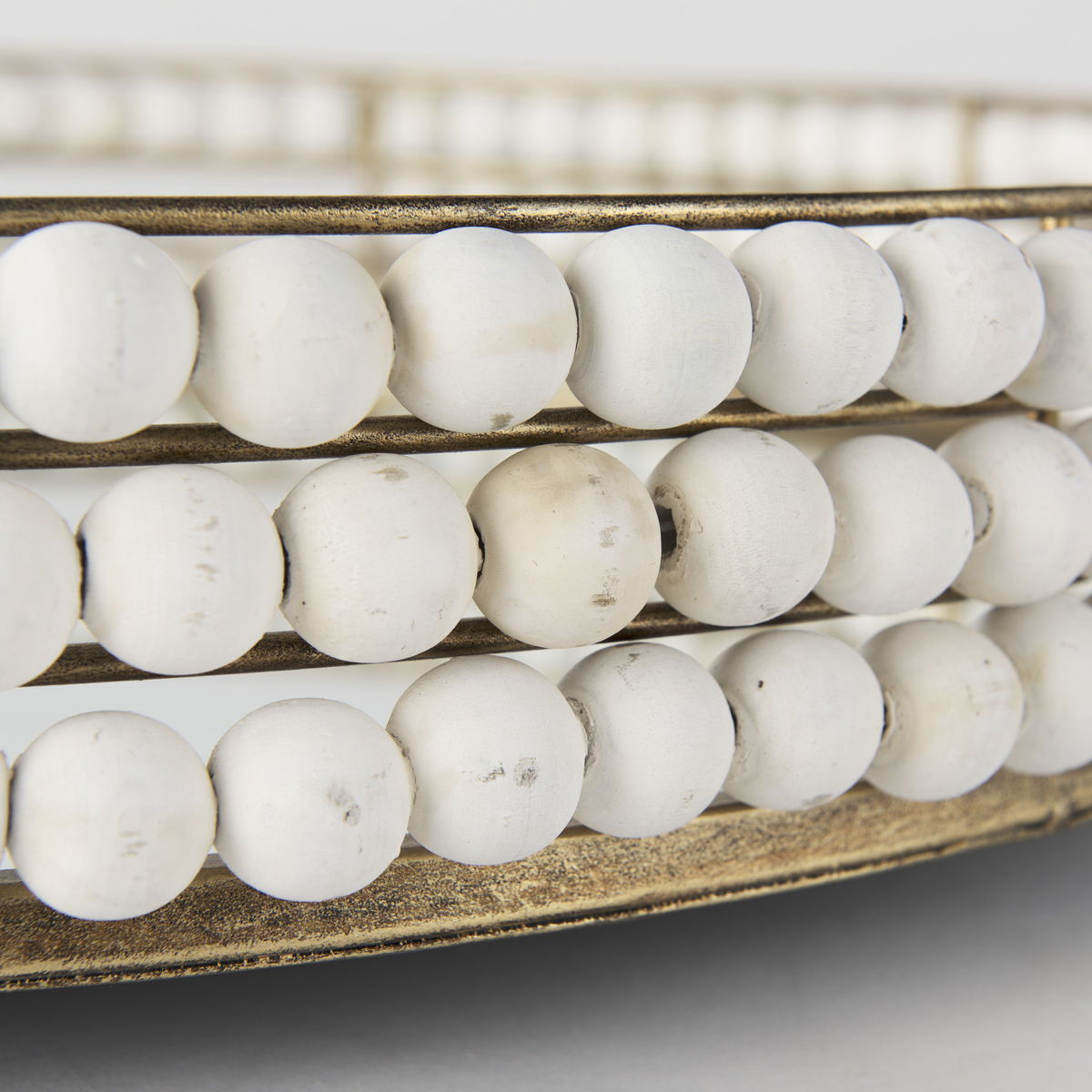 Decatur I 21L x 21W White Wooden Bead Mirrored Bottom Round Tray, Decorative Tray by Mercana, 21.26" length x 21.26" width x 3.94" height View 7