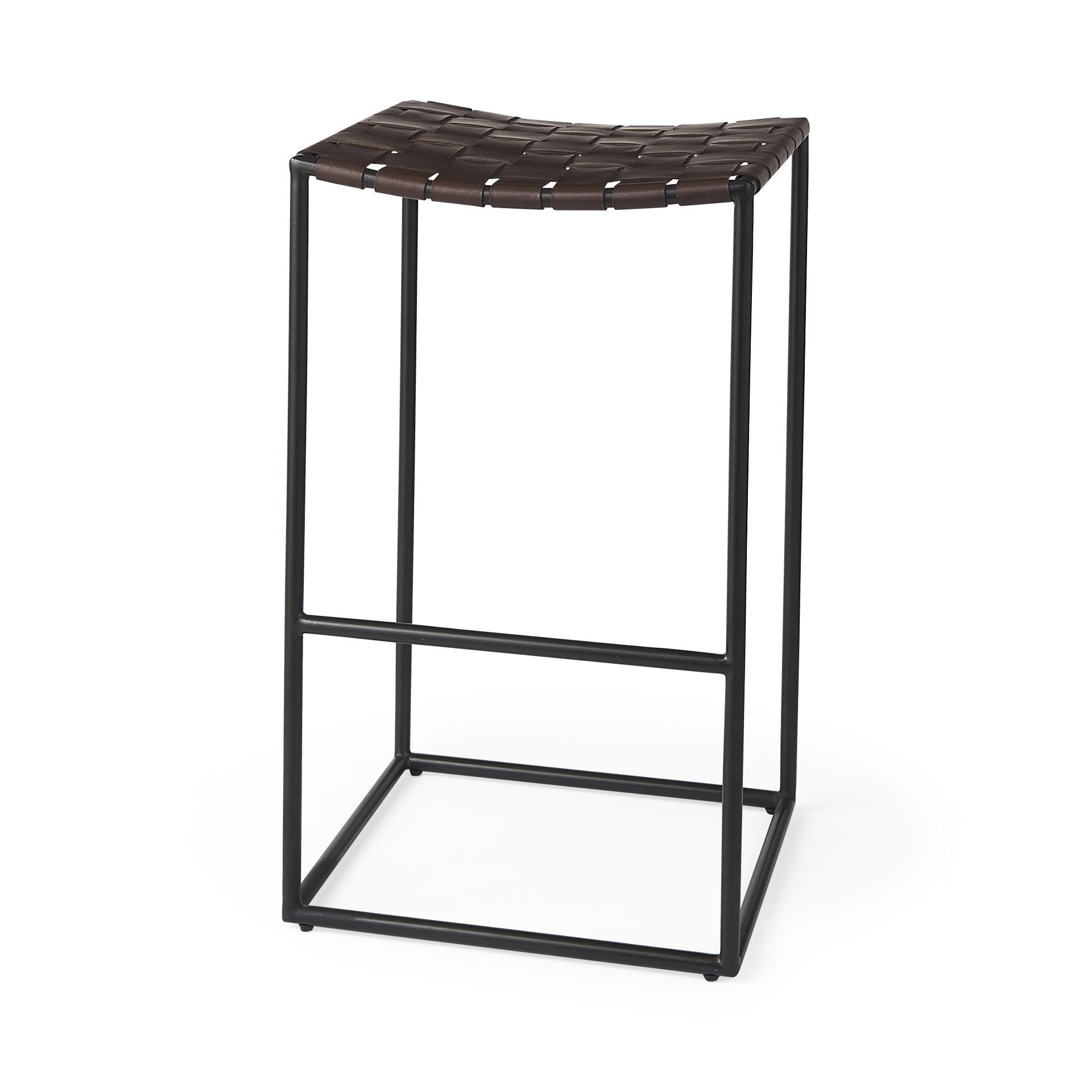 Clarissa 18.0L x 16.0W x 30.25H Dark Brown Woven Leather Seat with Black Metal Frame Bar Stool, Counter & Bar Stool by Mercana, 18" length x 16" width x 30" height View 1