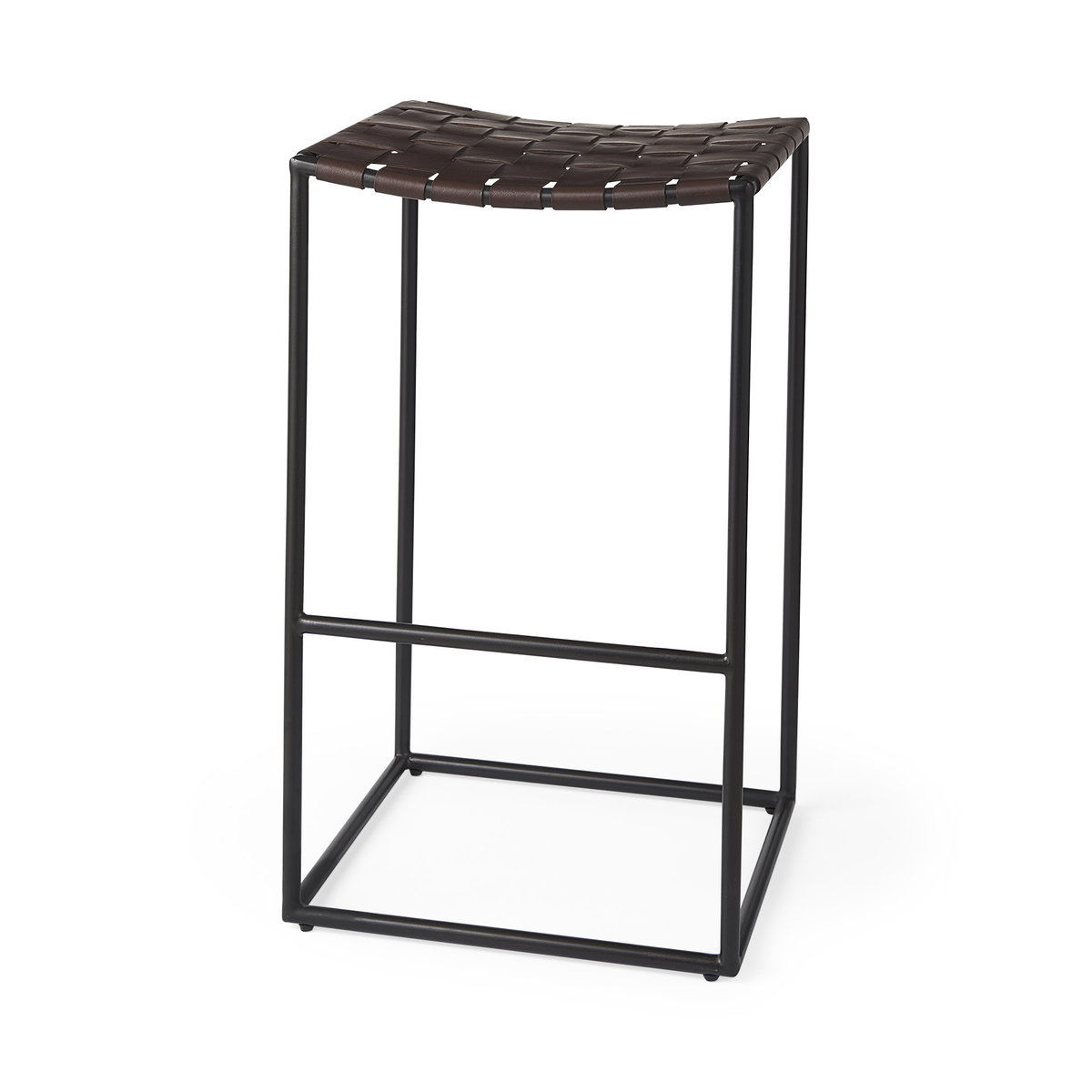 Clarissa 18.0L x 16.0W x 30.25H Dark Brown Woven Leather Seat with Black Metal Frame Bar Stool, Counter & Bar Stool by Mercana, 18" length x 16" width x 30" height View 1