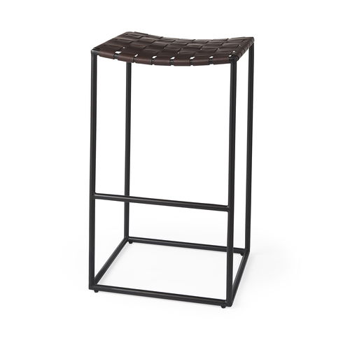 Clarissa 18.0L x 16.0W x 30.25H Dark Brown Woven Leather Seat with Black Metal Frame Bar Stool