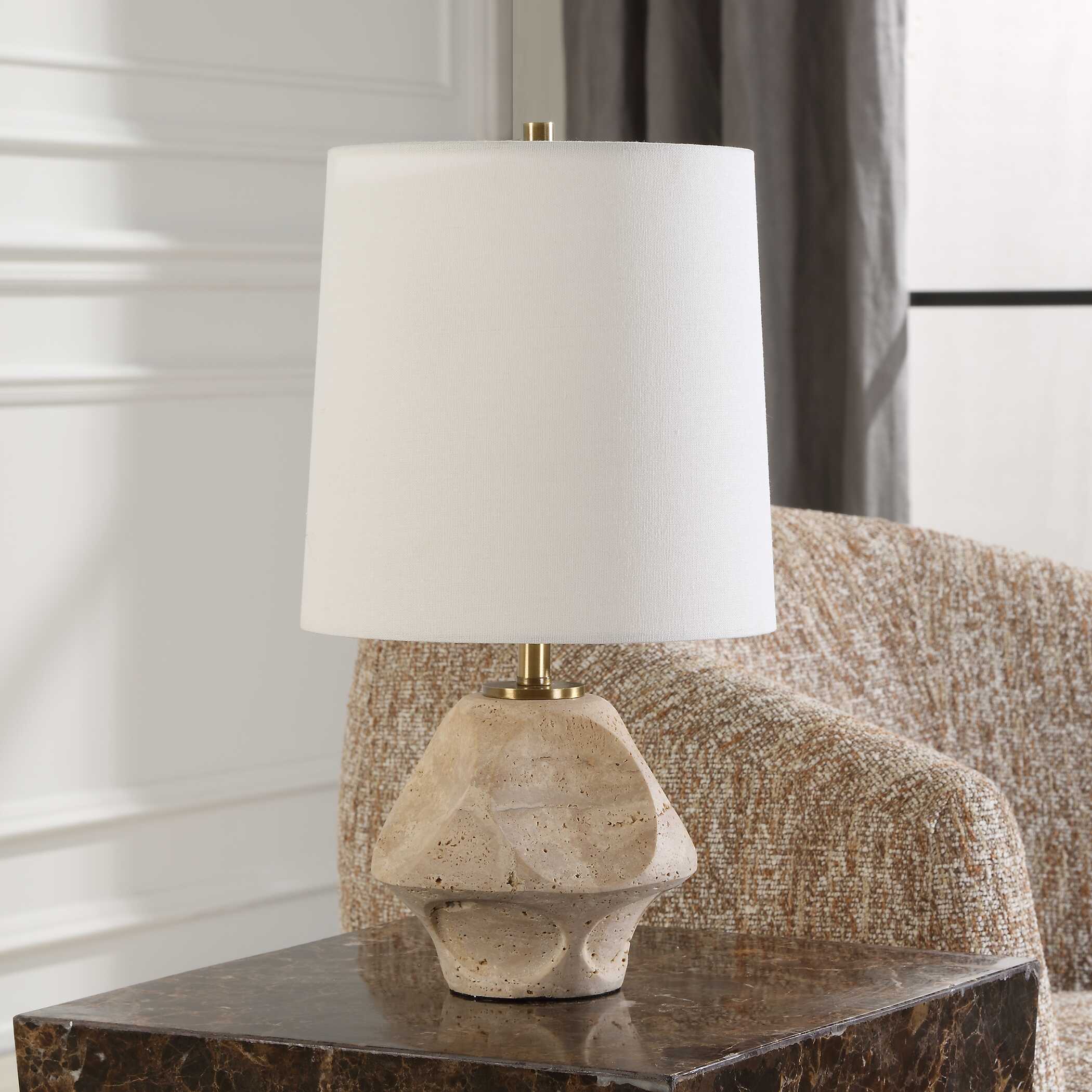 Indent Travertine Accent Lamp, by Uttermost, 9" width x 16.25" height x 9" depth View 4