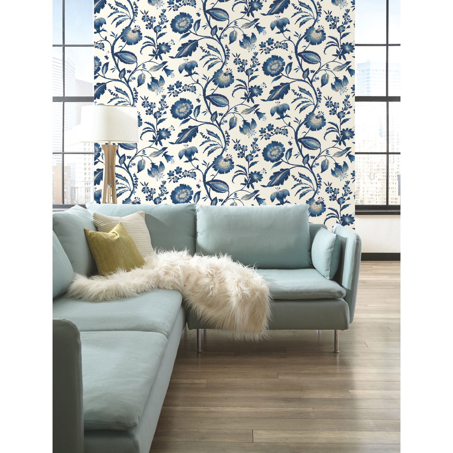 Watercolor Jacobean Blue & White Wallpaper large image 