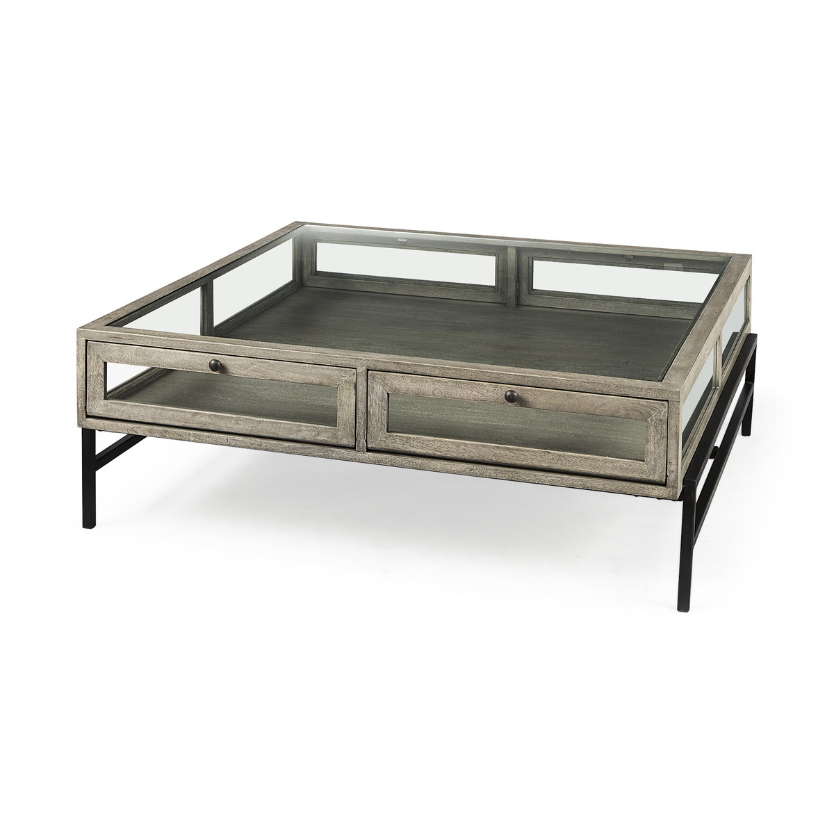 Arelius 42' Square Glass-Top Gray Wood with Black Metal Base Display Coffee Table, by Mercana, 43.5" length x 42" width x 15" height View 1