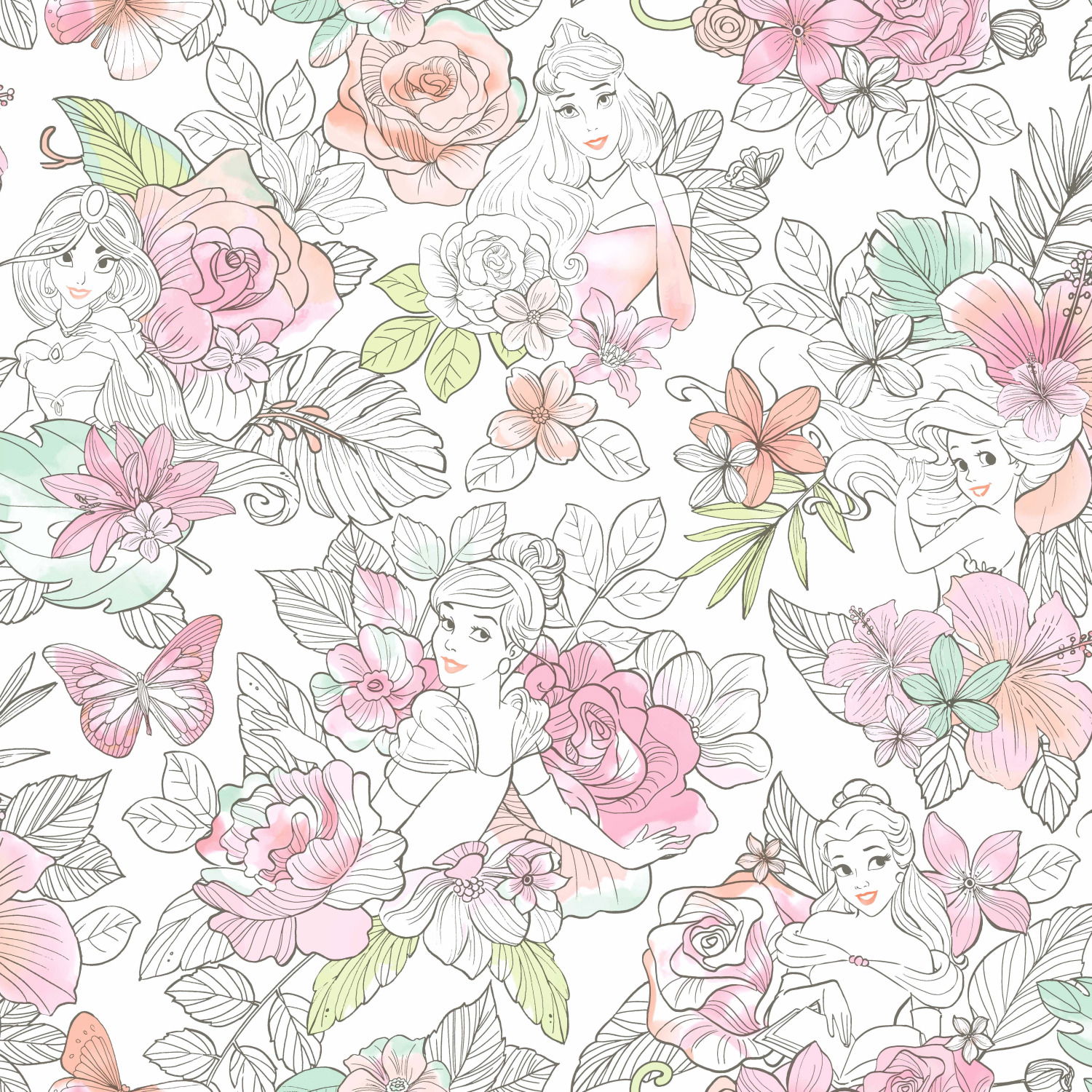 Disney Princess Royal Floral Coral Wallpaper large image 