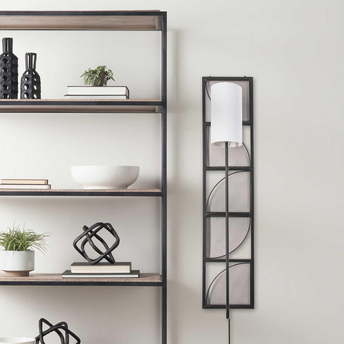 Navin 10x46.5 Black Metal Body White Fabric Shade Rectangular Wall Sconce, by Mercana, 10.04" length x 8.86" width x 46.85" height View 3