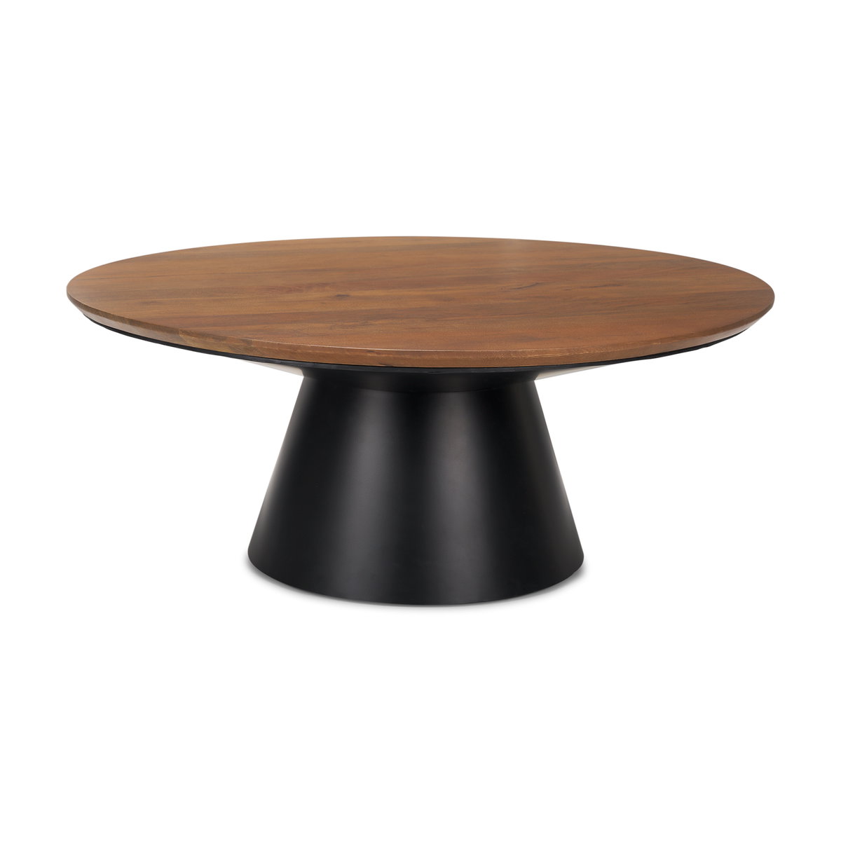 Mitchell 40.0L x 40.0W x 16.0H Black Metal Pedestal Base with Brown Wood Top Coffee Table, by Mercana, 40" length x 40" width x 16.5" height View 1
