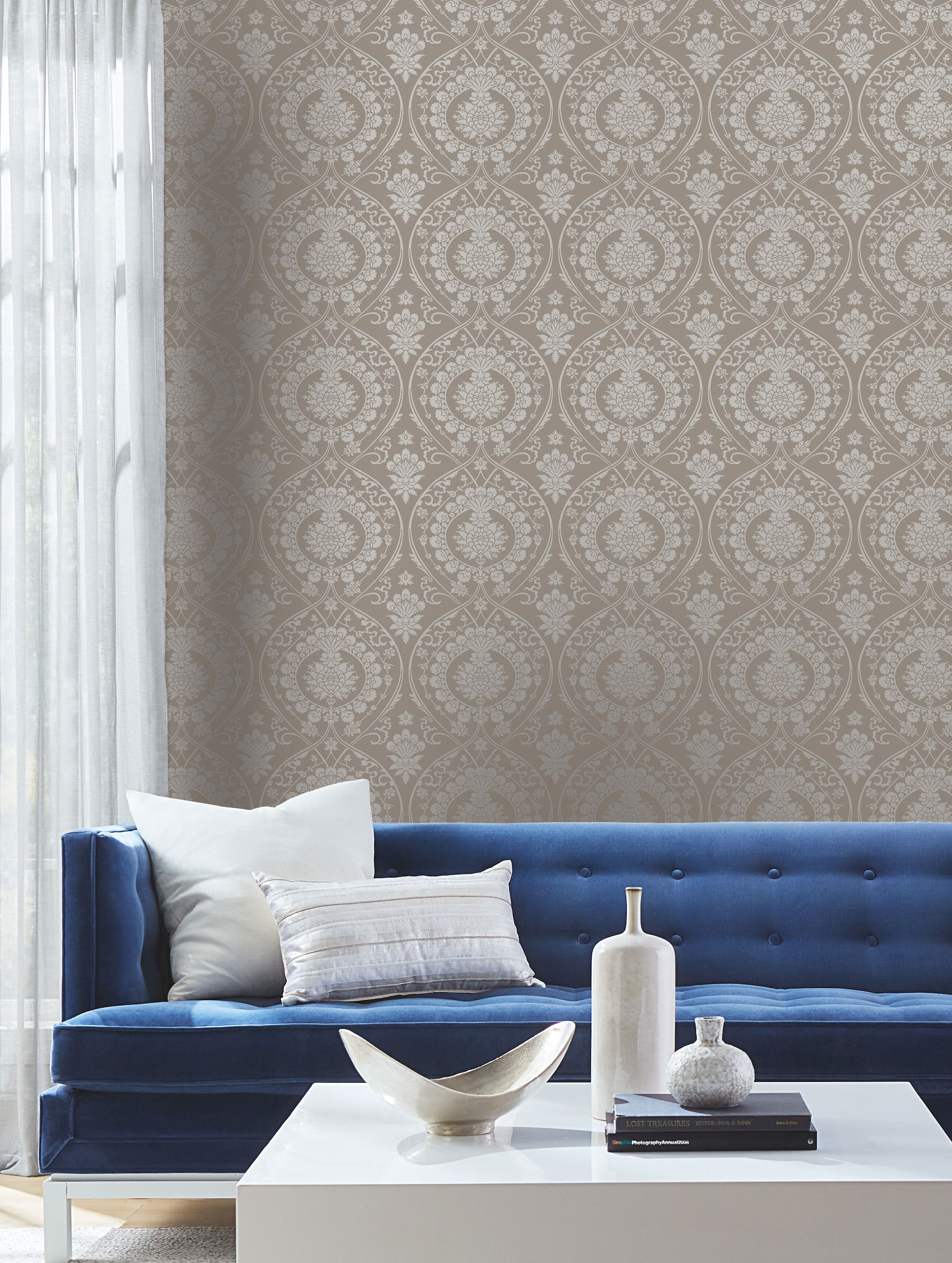 Imperial Damask Beige & Silver Wallpaper large image 